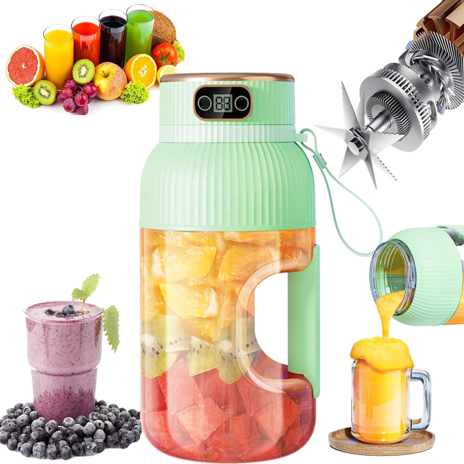 42 Oz Portable Juicer Cup with Digital Display - BPA Free Mini Personal Blender for Shakes, Smoothies & Travel - Multifunctional Green Blender Cup with Lid (Perfect for Gym, Office & On-the-Go)