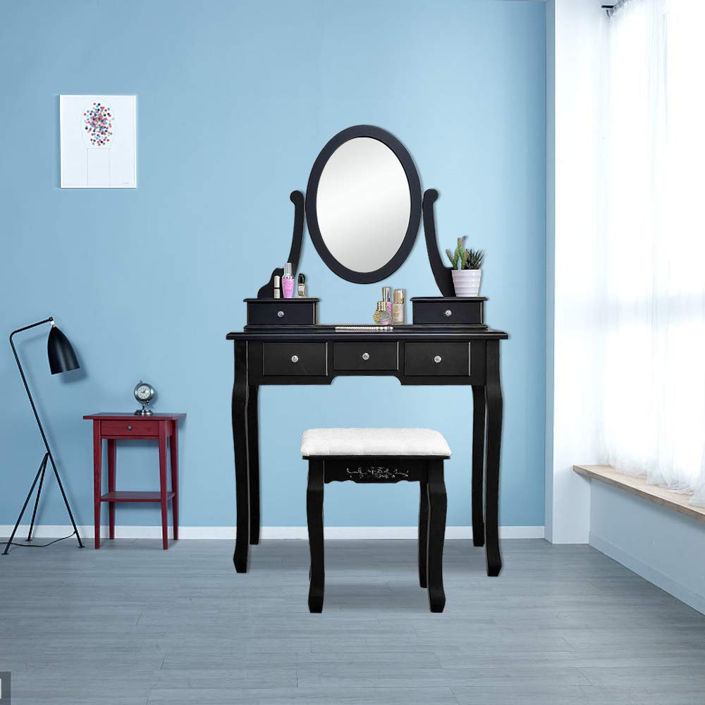 360° Rotating Oval Mirror Wooden Vanity Table Set with 5 Drawers & Cushioned Stool - Makeup Dressing Table for Women, Girls, Kids Bedroom (Black) | Perfect for Cosmetics Storage, Beauty Routine & Home Decor
