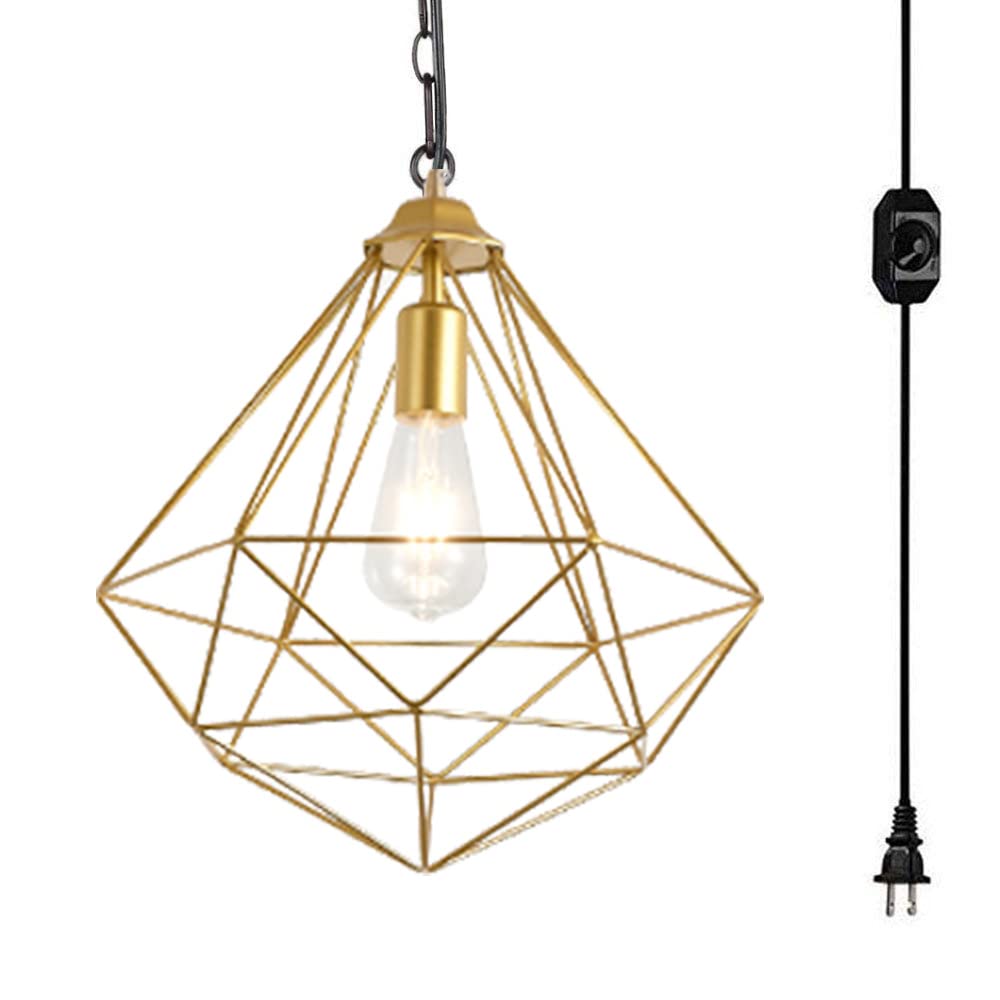 Kiven Industrial Plug-in Pendant Light - Adjustable Hanging Cage Lighting with Dimmer Switch (Brass Finish) - Perfect for Kitchen Island, Dining Room, Bedroom & Farmhouse Decor