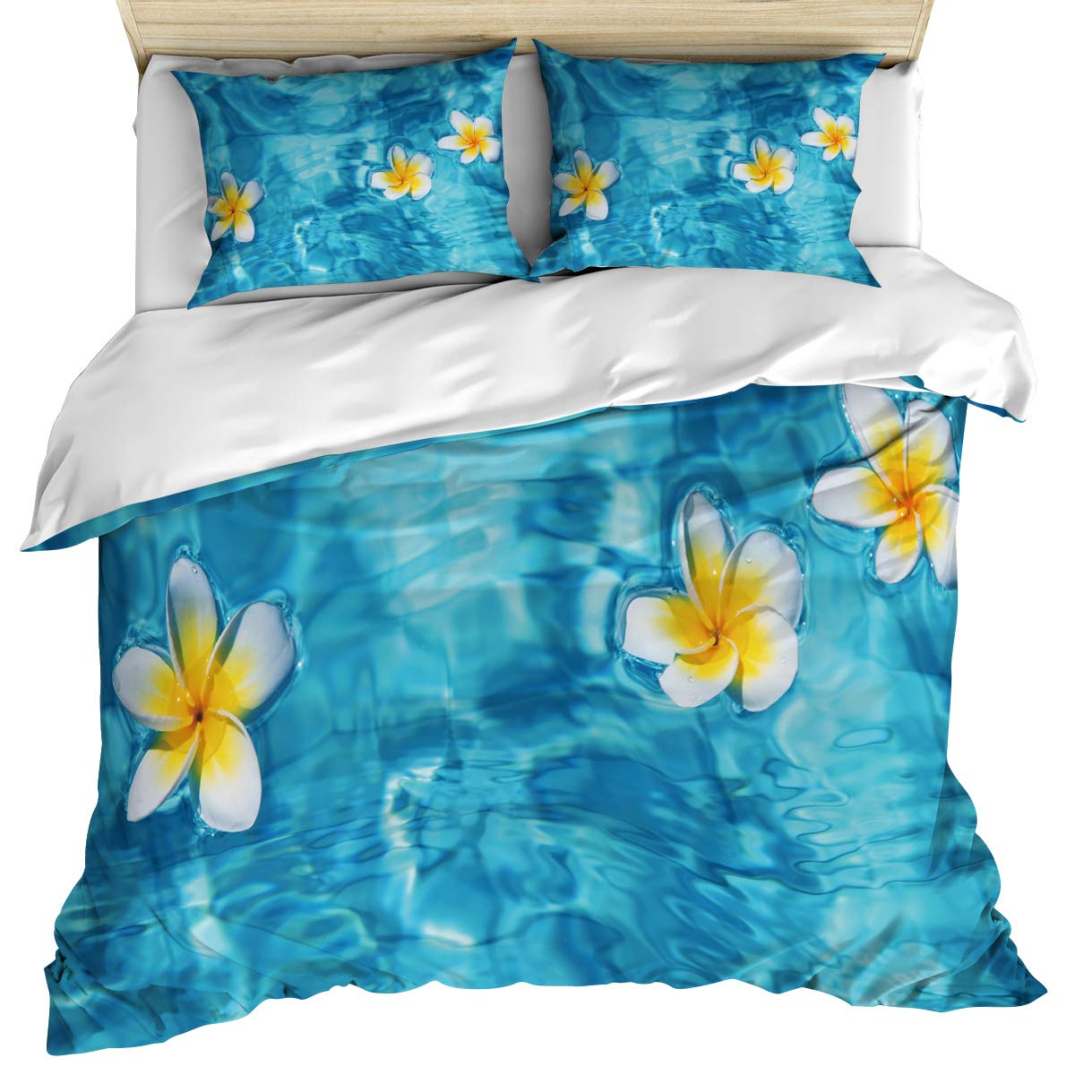 Hawaiianations Tropical Frangipani Flower Duvet Cover Set - 3 Piece Queen Size, Ultra Soft Breathable Washed Cotton Bedding with Corner Ties & Zipper Closure (1 Duvet Cover + 2 Pillow Shams) | Perfect for Beach House, Summer Bedroom Decor & Tropical Themed Rooms
