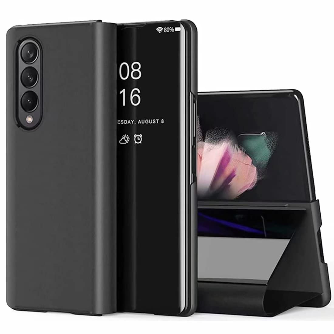 Premium Shockproof Vivo X Fold Phone Case - Mirror Flip Stand Cover with PC/PU Translucent Design | Durable Protection for Vivo X Fold | Perfect for Work, Travel & Everyday Use - Black