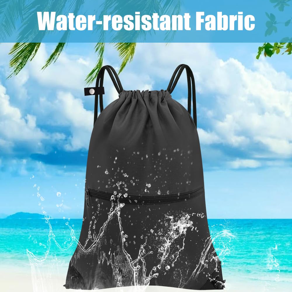 Large Drawstring Backpack for Men & Women - Gym Sports Bag with Front & Inner Zipper Pockets for Keys & Phone (Black) - Perfect for Workouts, Travel & Daily Use