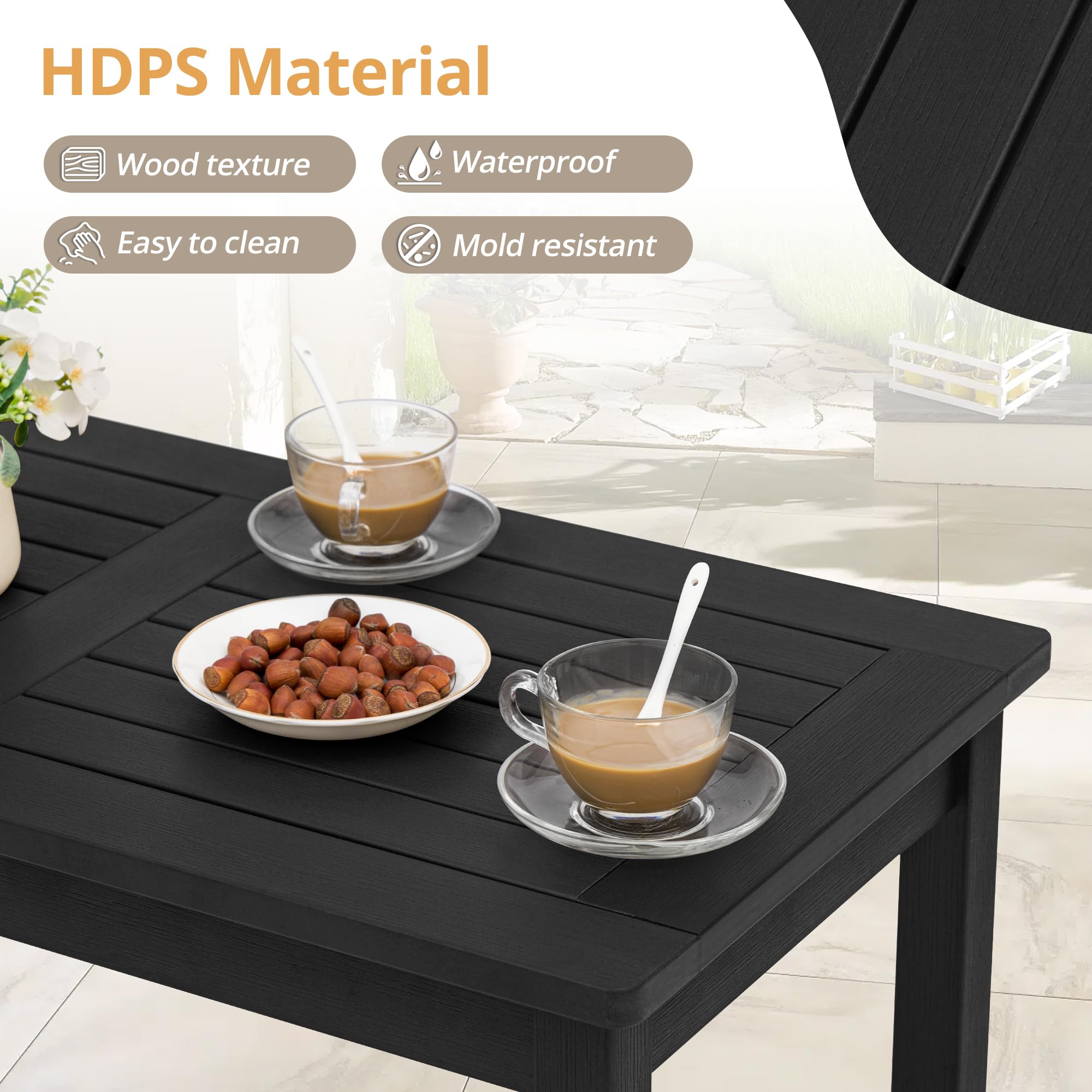 LUE BONA Outdoor Coffee Table Rectangle - Weatherproof HDPS Patio Coffee Table with Slatted Tabletop for Deck, Garden, Balcony - Perfect for Indoor & Outdoor Use (Black) | Ideal for Backyard Relaxation, Poolside Lounging, and Outdoor Entertaining
