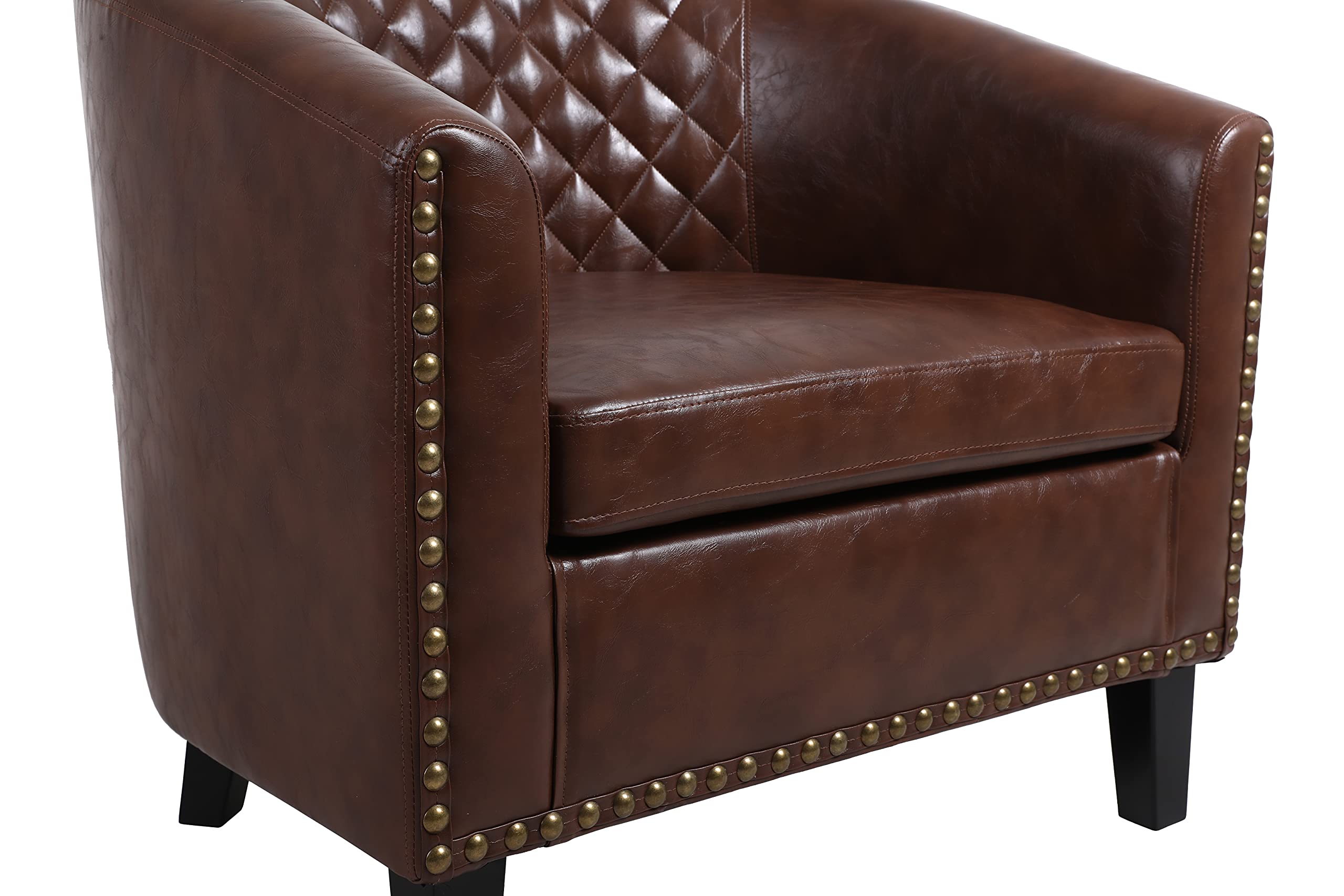 Premium SSLine Classic Upholstered Accent Arm Chair - Genuine Soft Leather Barrel Club Chair with Solid Wood Legs & Nailhead Trim - Comfortable Living Room Sofa, Office Guest Chair or Bedroom Seating (Brown) - Perfect for Relaxing, Reading & Conversation Areas