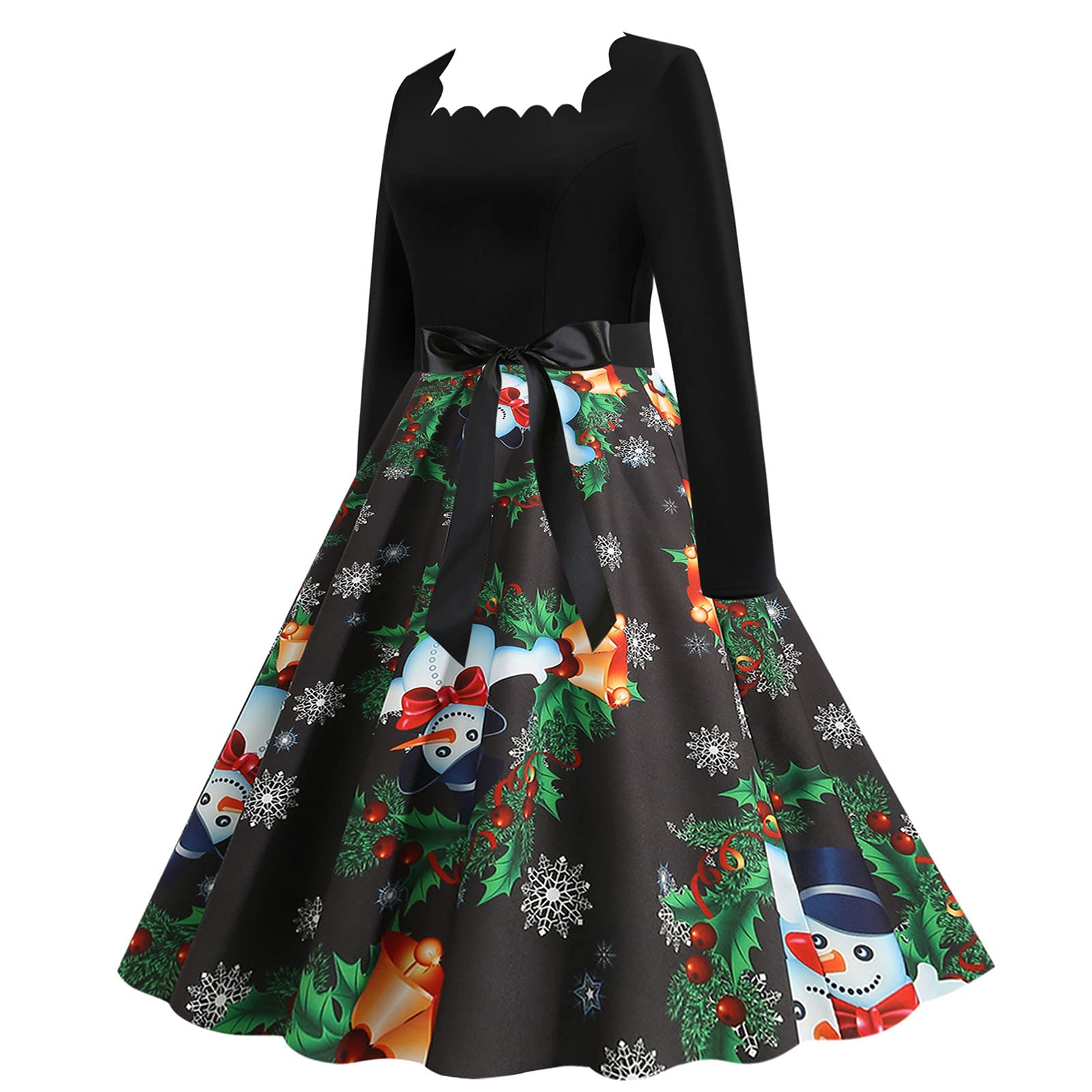 Vintage 1950s Christmas Printed Long Sleeve Dresses for Women - Retro Housewife Style Casual Evening Party & Prom Gowns | Perfect for Holiday Gatherings, Christmas Parties & Vintage-Themed Events