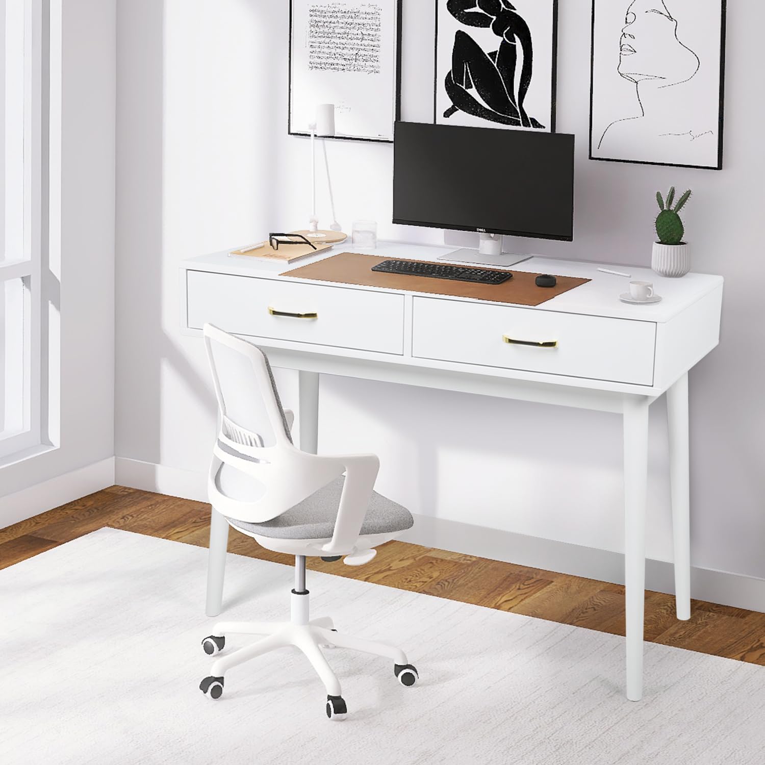 Modern Small White Desk with 2 Drawers - Compact Writing Desk for Small Spaces, Home Office & Study Desk, Laptop Computer Workstation, Bedroom Makeup Vanity Table (White) - Perfect for Apartments, Dorms & Home Offices