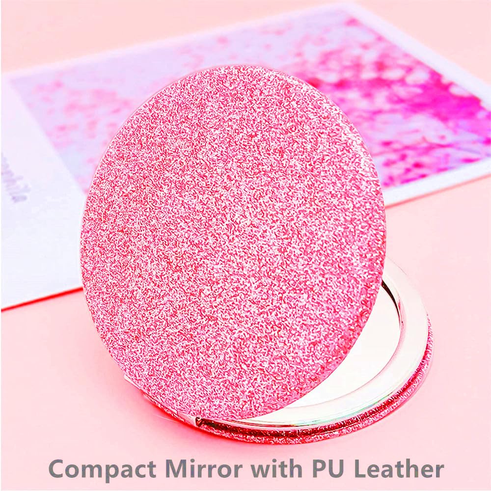 Pink Compact Mirror for Women - Portable Folding Travel Makeup Mirror with 2x Magnification & Glitter Design, Perfect Gift for Girlfriend, Mom & Travel Essentials | Ideal for Purse, Cosmetic Bag & On-the-Go Touch Ups