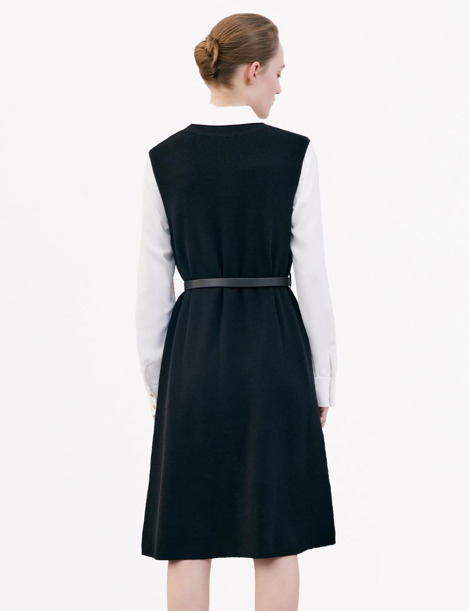 Women's 2-Piece Outfits: Black Sweater Vest Dress & White Shirt Dress Set with Belt - Stylish Office Wear & Casual Date Night Outfits