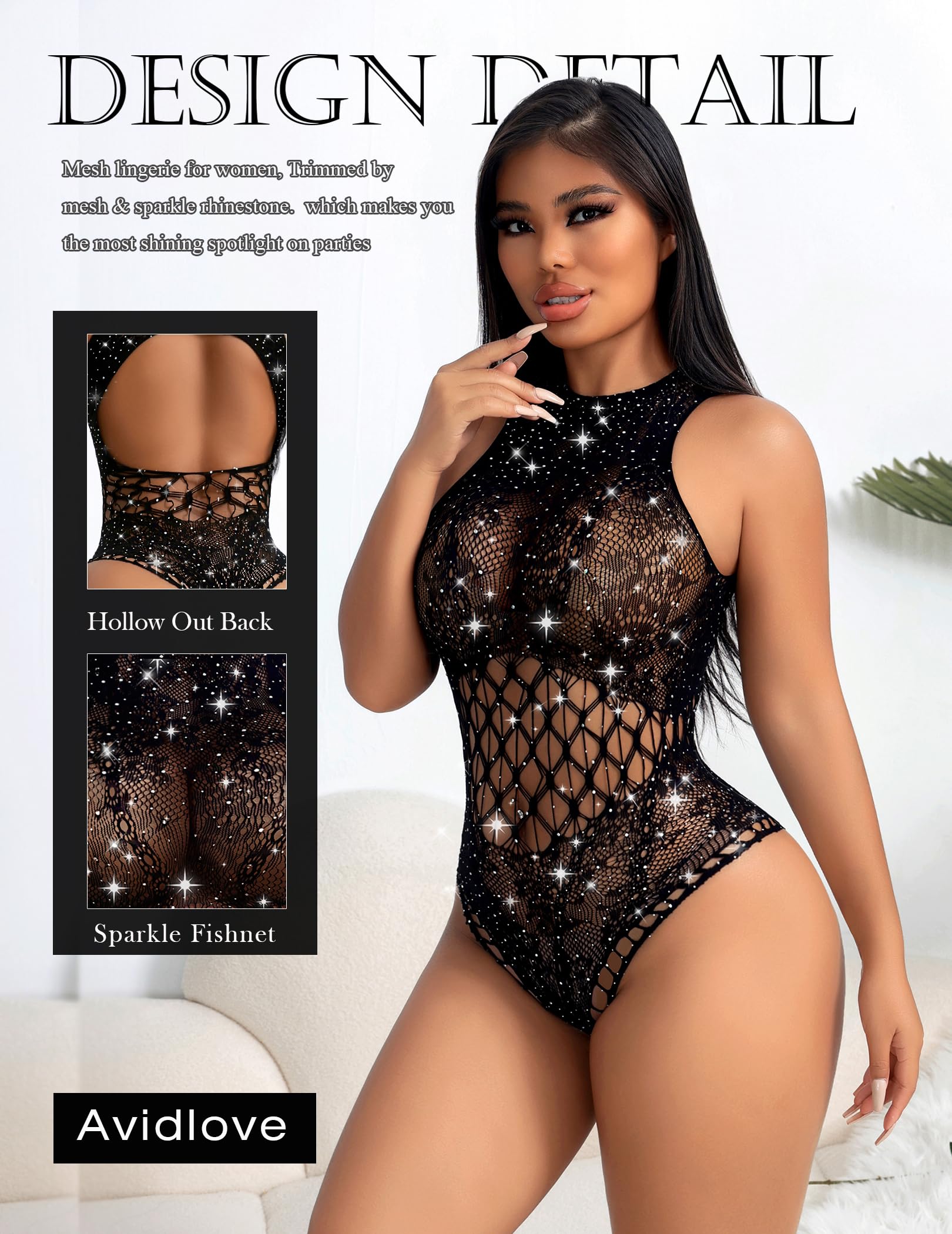 Sparkling Rhinestone Fishnet Lingerie Bodysuit for Women - Hollow Out Mesh Teddy Lingerie Set - Sexy Clubwear & Rave Outfits for Date Night & Boudoir Photography