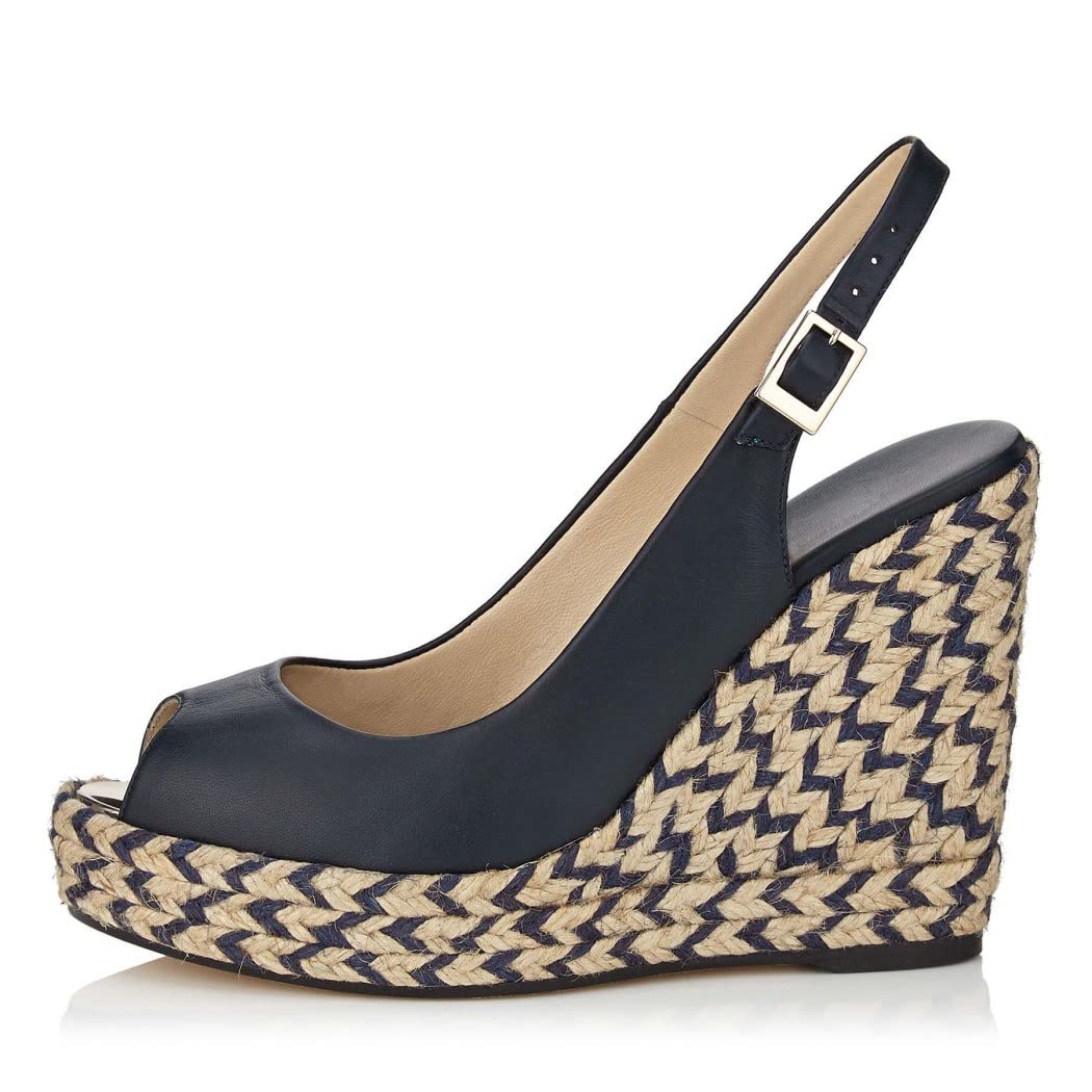 ZHIU Women's Wedge Sandals Fish Mouth Slingback Platform Sandals with Hemp Rope Design - Navy Blue Size 35EU for Jeans, Dresses, Party & Office Wear