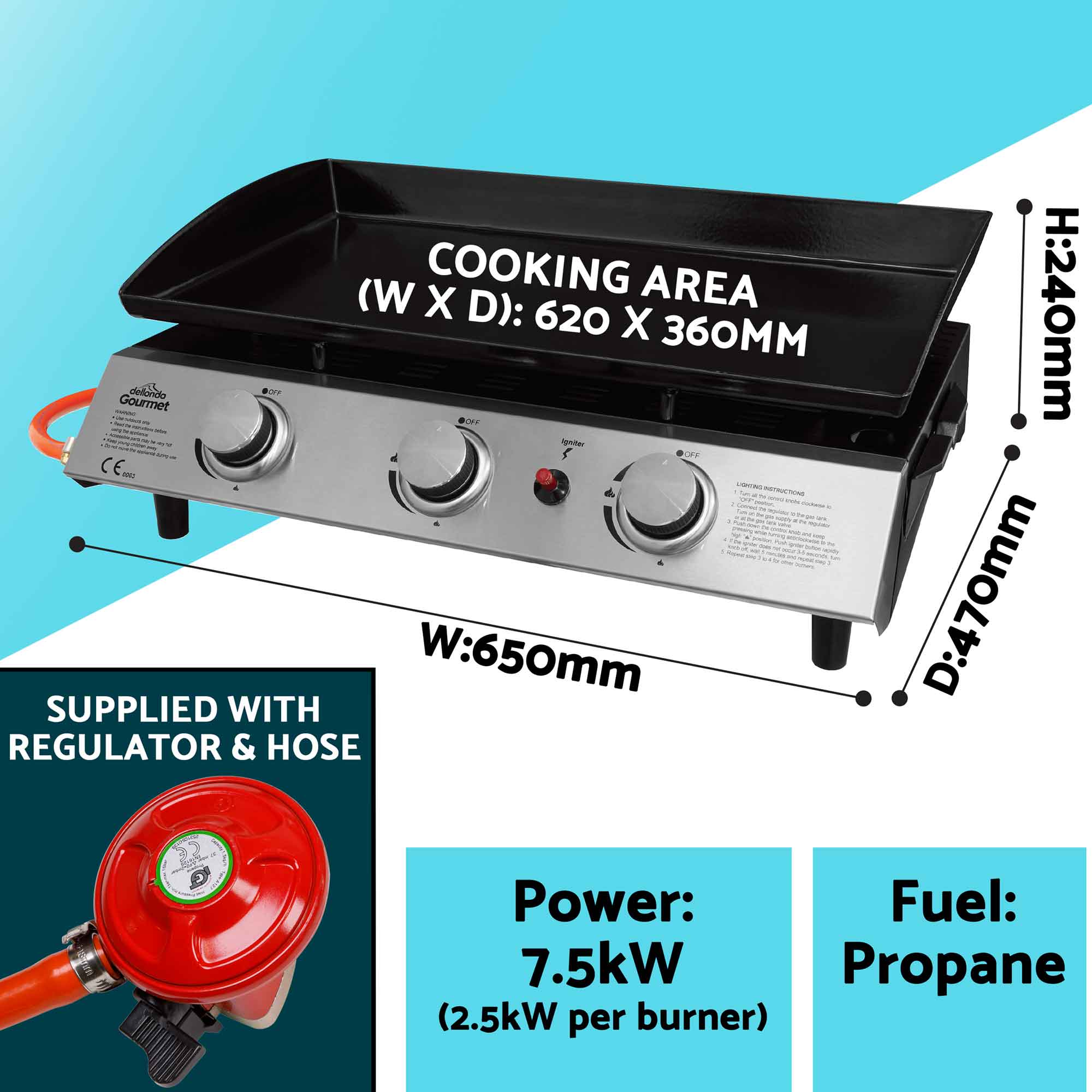 3 Burner Portable Gas Grill Griddle 7.5kW Outdoor BBQ with Cover & Rolling Cart - Perfect for Backyard, Camping, and Tailgating Parties - DG250