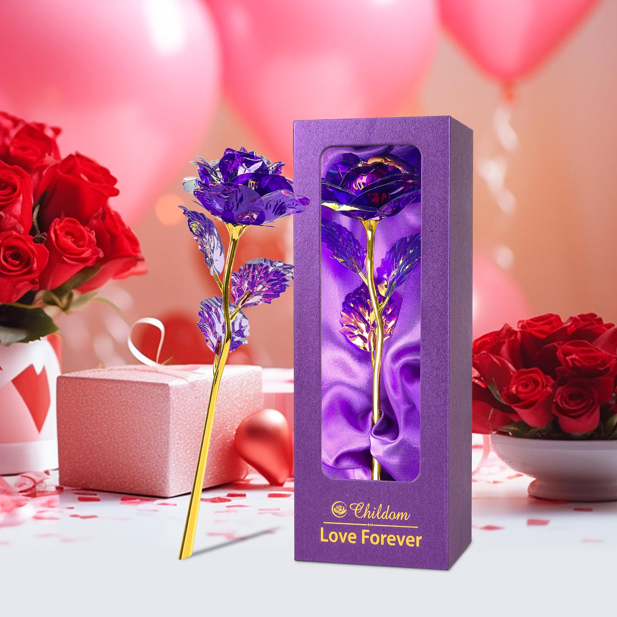 Childom Mother's Day Rose Gifts for Mom - Purple Artificial Rose Flower Gift Set for Women, Wife, Grandma - Perfect Birthday, Anniversary & Valentine's Day Present from Daughter or Son | Home Decor, Table Centerpiece, Romantic Gift Idea