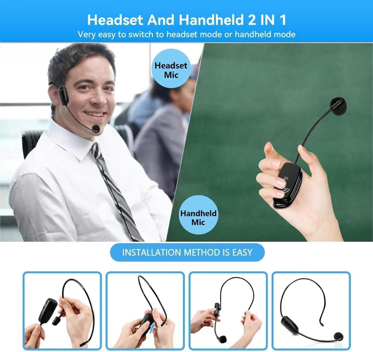 2.4G Dual Wireless Microphone System - Headset & Handheld Mic 2-in-1 for Teachers, Yoga Instructors, Fitness Trainers & Public Speakers | Perfect for Classroom Teaching, Group Fitness Classes, Yoga Sessions & Professional Presentations
