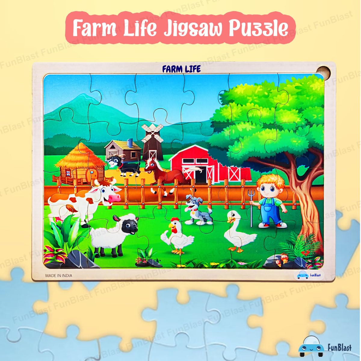 FunBlast 24-Piece Farm Life Wooden Jigsaw Puzzle for Kids Ages 3-5 - Educational Learning Toys for Toddlers, Floor & Tabletop Puzzle Games for Preschool Classroom or Home Playtime