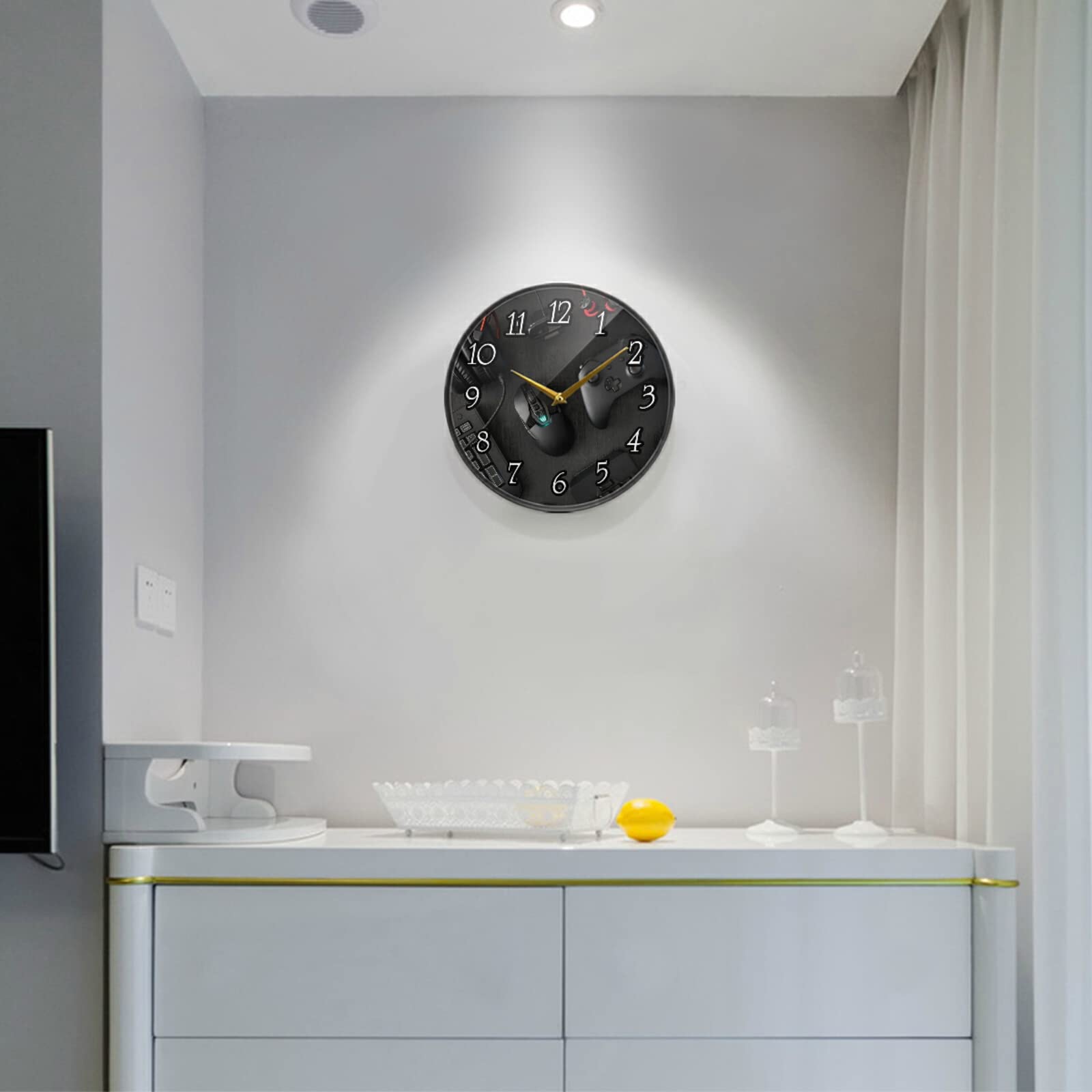 Gamer Wall Clock - Silent Non-Ticking 9.5 Inch Acrylic Round Clock with Mouse, Keyboard, Joystick & Headset Design - Perfect for Gaming Room, Home Office, Living Room or Dorm Decor
