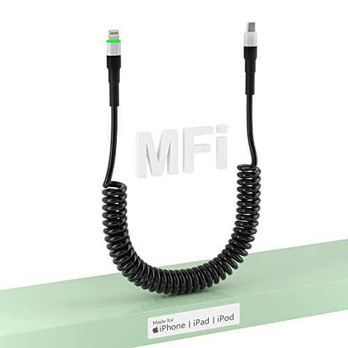 MFi Certified Coiled USB C to Lightning Cable - Short Retractable iPhone Charger Cord with LED for iPhone, iPad, iPod - Compatible with Apple CarPlay for Car Charging & Home Use