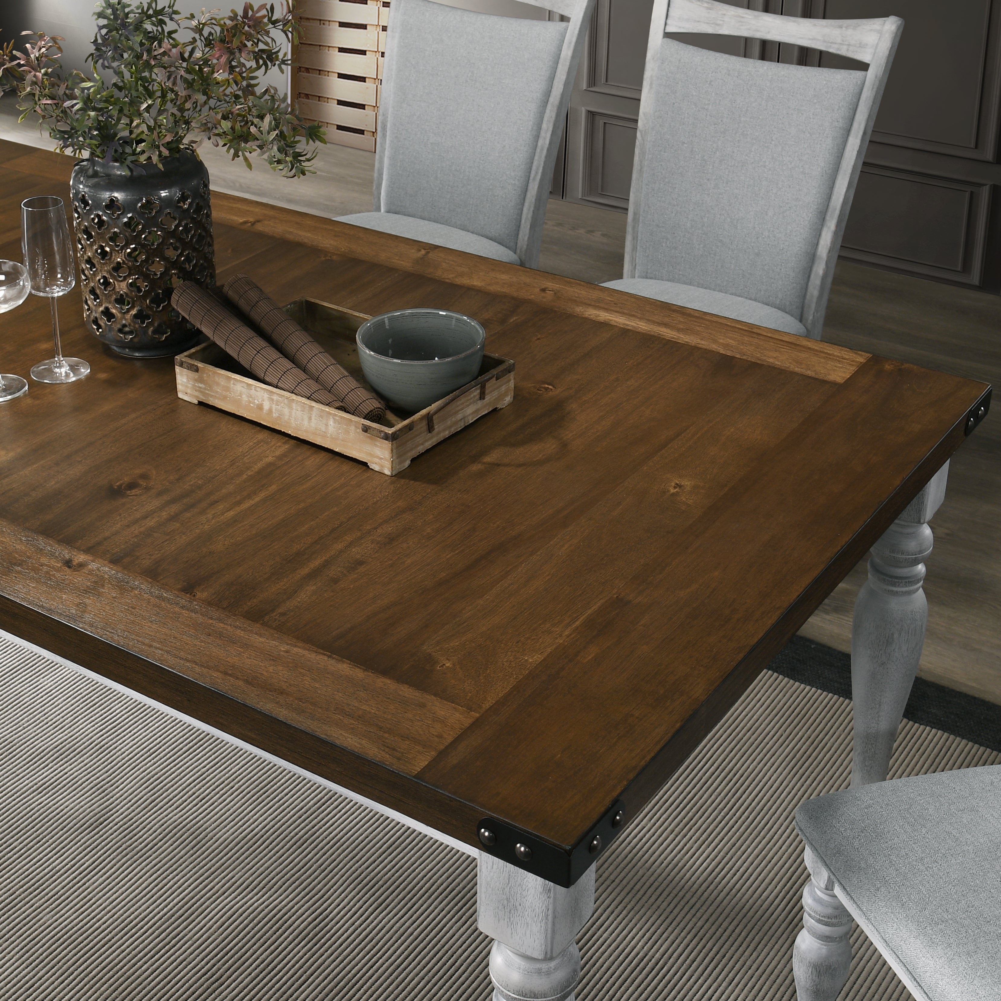 6-Piece Rustic White and Oak Dining Table Set with 4 Upholstered Chairs & Bench - Perfect for Farmhouse Kitchens, Dining Rooms & Small Space Entertaining