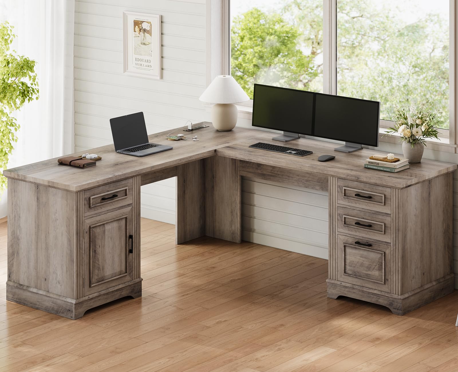 Itaar Farmhouse L-Shaped Desk with Storage - Home Office Computer Desk with Drawers, File Cabinet & Power Outlet - Grey Corner Workstation for Small Spaces & Home Offices | Perfect for Remote Work, Gaming Setup & Study Areas
