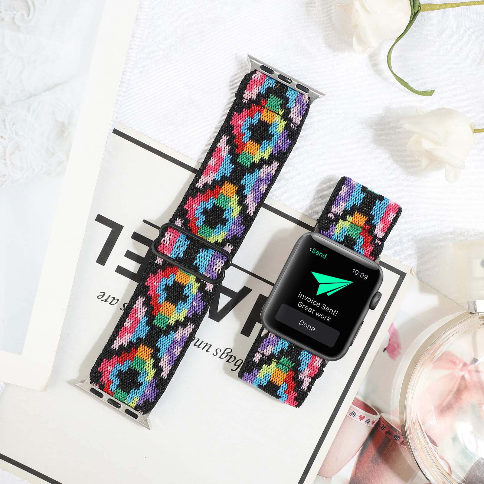 Adjustable Stretchy Solo Loop Nylon Strap for Apple Watch 38mm 40mm 41mm 42mm 44mm 45mm - Compatible with iWatch Series SE/7/6/5/4/3/2/1 - Soft Elastic Band for Workout, Running & Everyday Wear