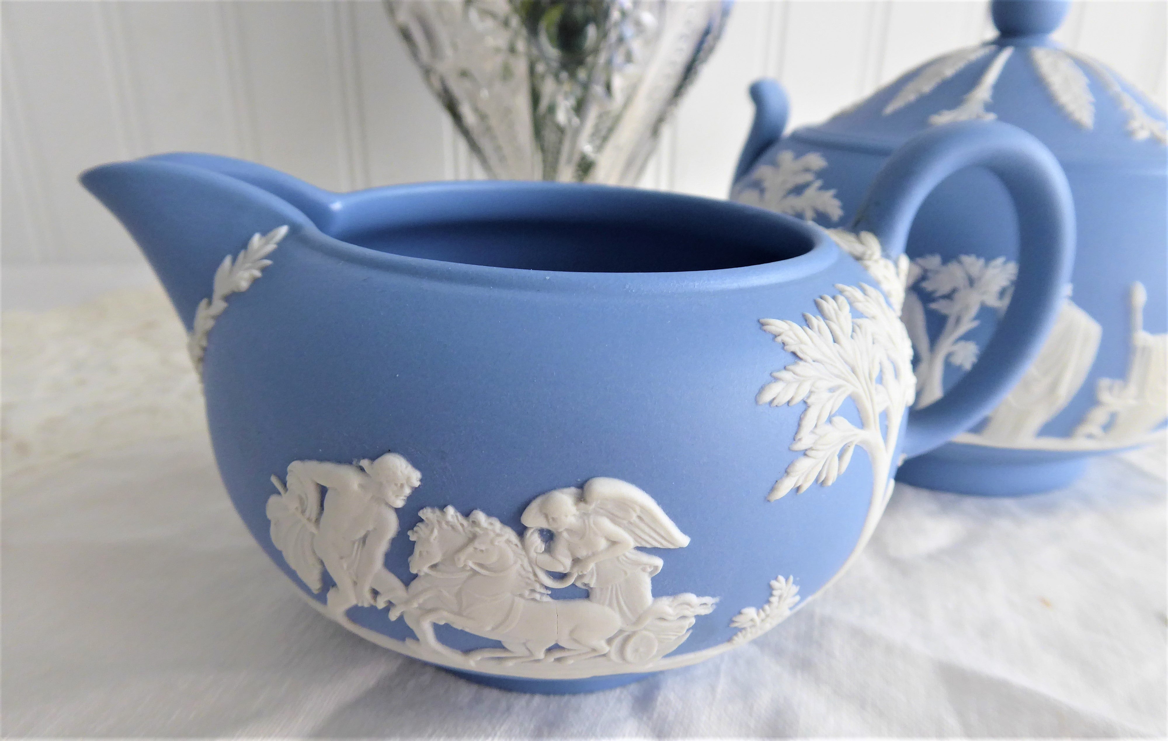 Wedgwood Blue Jasper Large Icarus Sacrifice To Ceres Sugar Bowl and Creamer Set - Vintage 1957-1961 Blue and White Ceramic Tea Accessories - Perfect for Afternoon Tea and Collectible Display