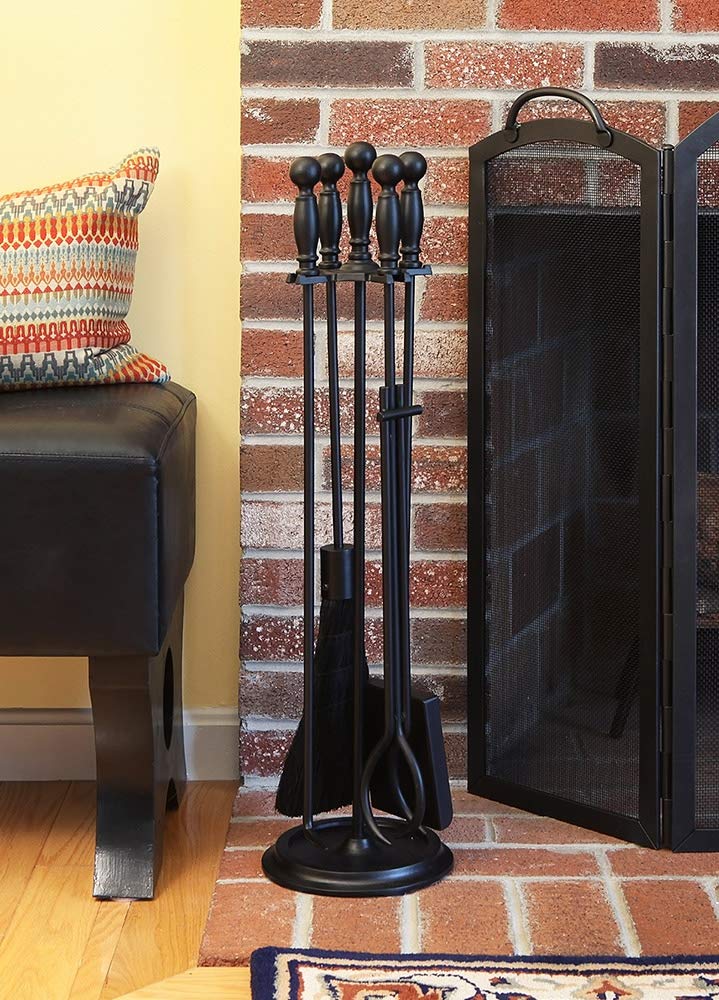 Premium Black Fireplace Tool Set - Heavy Duty Steel Fireplace Poker, Shovel, Brush & Stand - Perfect for Indoor & Outdoor Fire Pits, Wood Stoves & Fireplaces