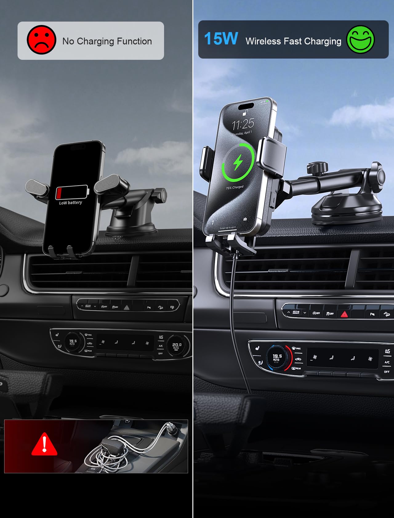 15W Fast Wireless Car Charger - Auto Clamping Dashboard & Air Vent Phone Holder with LED Light for iPhone 16/15/14/13/12 Pro Max Plus, Samsung S23/S22/S21 - Perfect for Road Trips & Daily Commutes