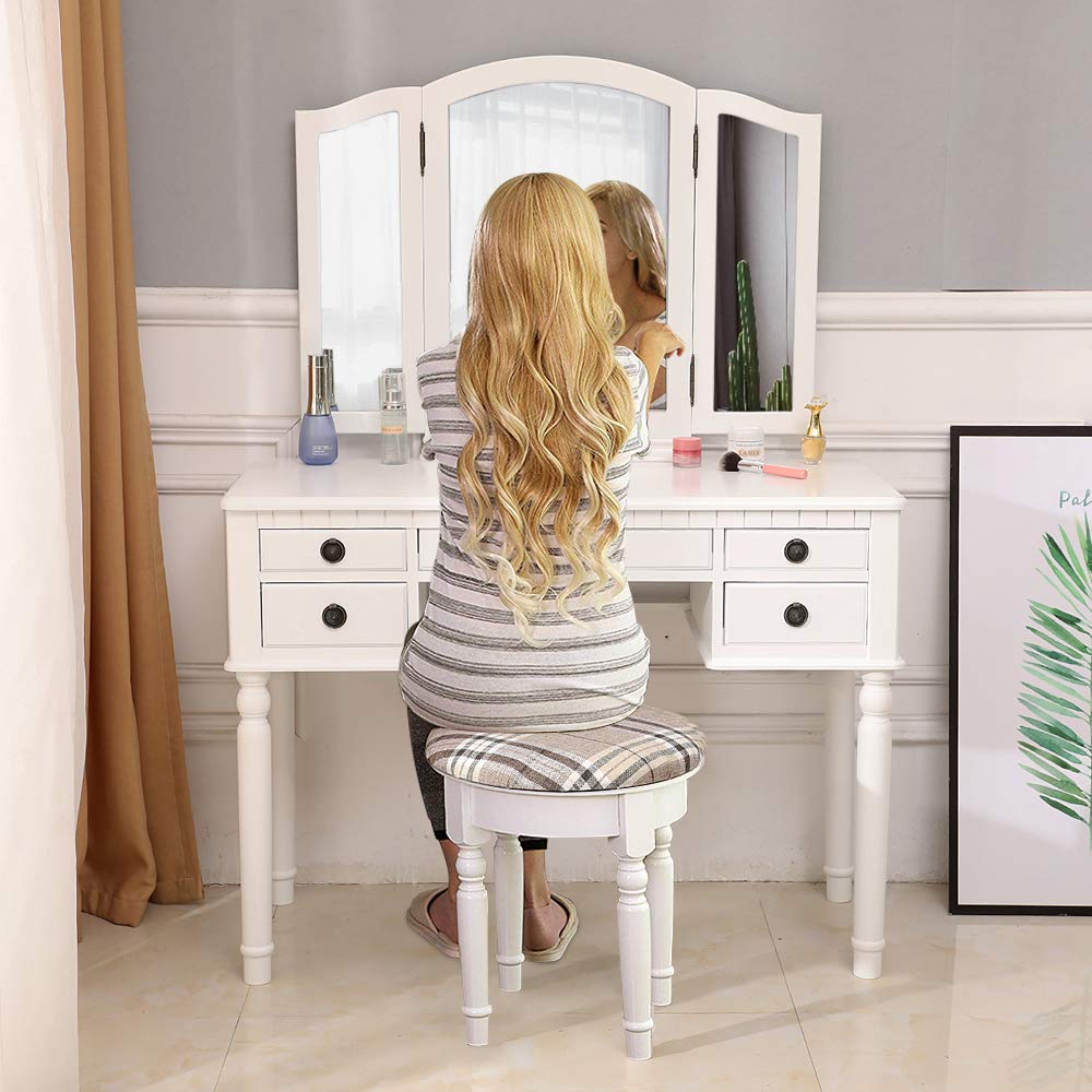 White Vanity Set with Stool - 5-Drawer Dressing Table & Tri-Folding Mirror Makeup Desk for Bedroom, Cushioned Stool Included (Adult Size) | Perfect for Cosmetics Organization, Beauty Routine & Home Decor