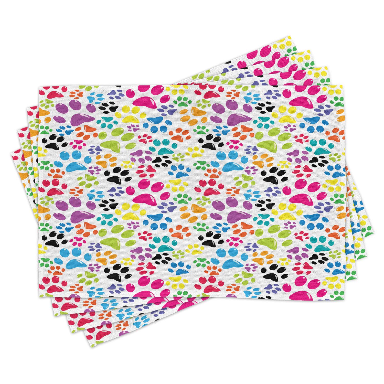 Ambesonne Dog Placemats Set of 4 - Colorful Paw Print Design, Washable Fabric Table Mats for Dining Room & Kitchen Decor (Purple, Blue, Green) - Perfect for Pet Lovers, Family Meals, and Themed Parties