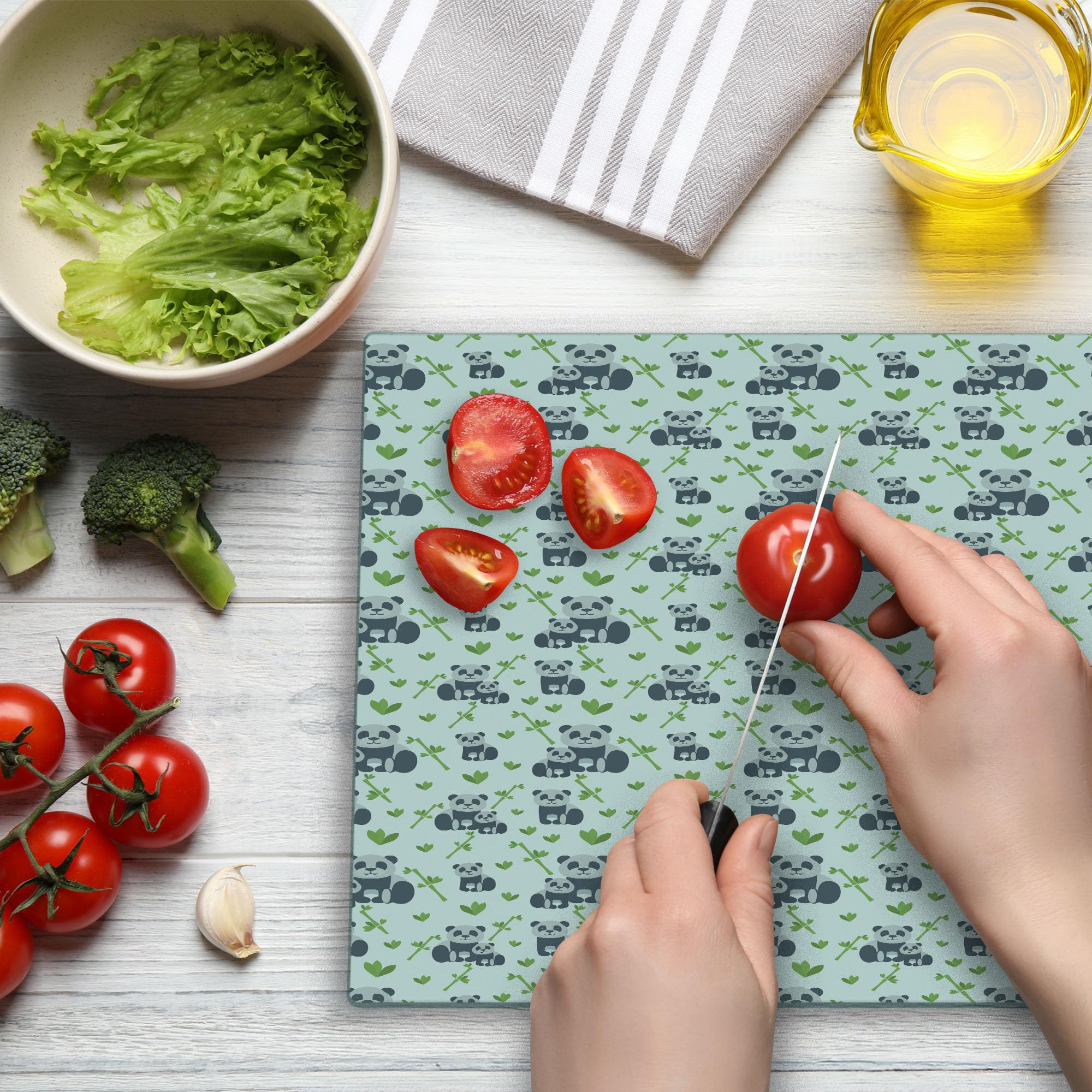 Premium Panda Bear Tempered Glass Cutting Board - Large Monochrome Bear Family & Leaves Print - White & Purple Blue Decorative Serving Board for Kitchen, Dining, Party Use