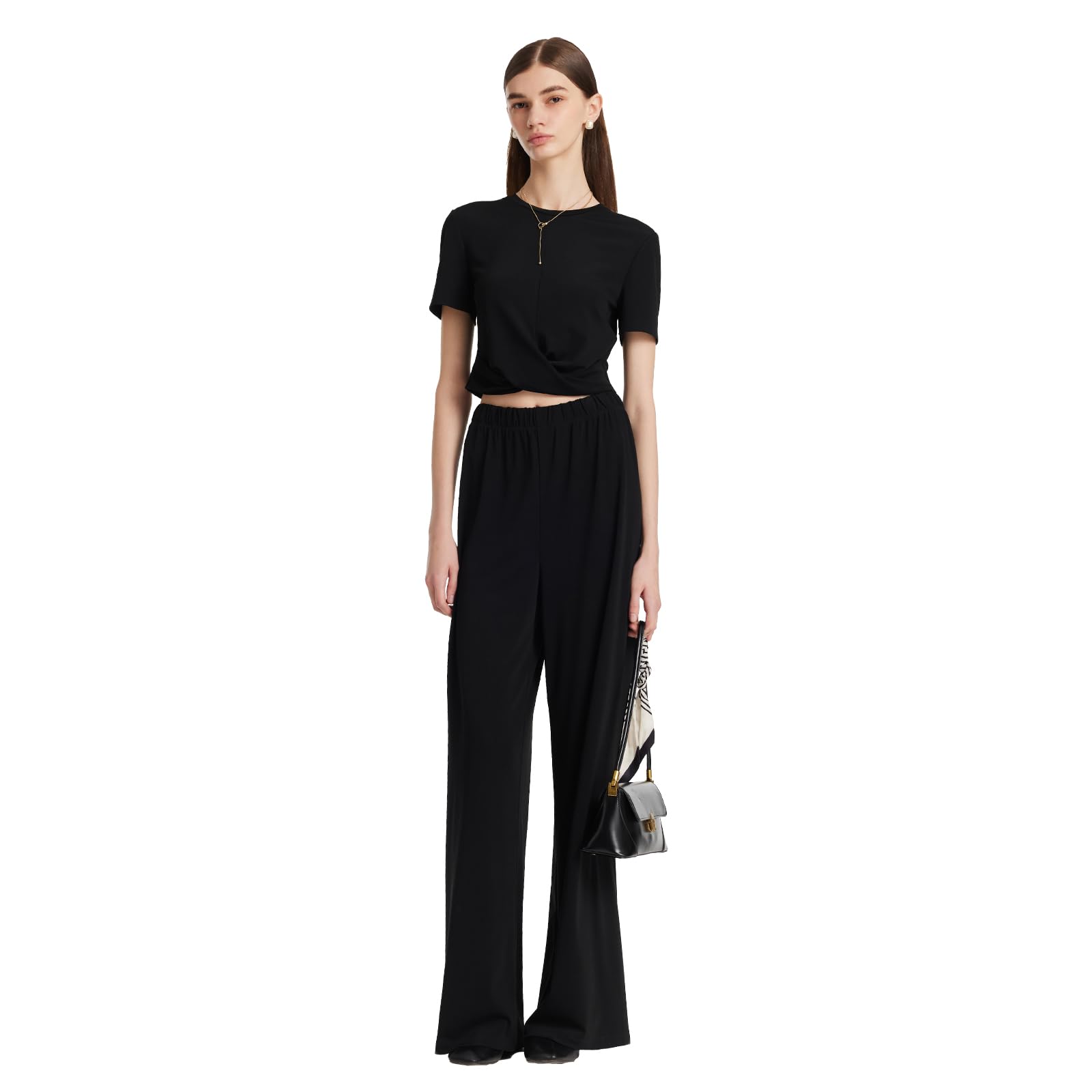 GOELIA Women's Summer 2-Piece Outfit - Acetate Short Sleeve Black T-Shirt & Wide Leg Lounge Pants Set | Casual Knit Tops & Comfortable Pajama Pants for Home, Vacation & Relaxation