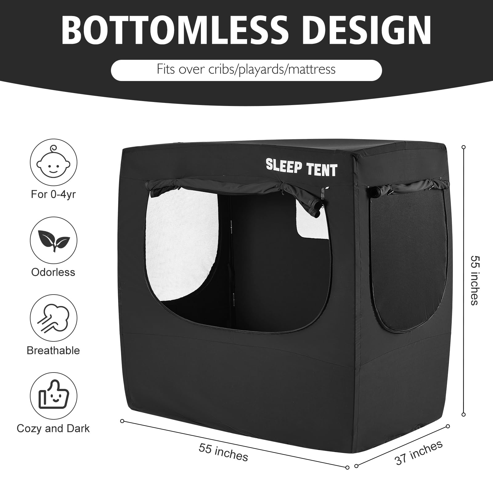Blackout Sleep Tent for Babies & Toddlers - Pack N Play & Crib Cover with 4 Large Vents, Blocks 98% Light for Better Sleep | Breathable Baby Sleep Pod for Nursery, Travel & Daycare Use