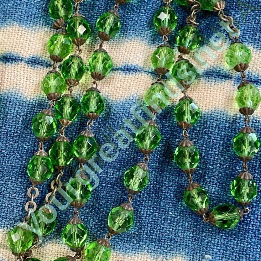 Vintage 7 Up Green Faceted Glass Bead Rosary - Antique Style Catholic Prayer Beads with Patina Finish for Collectors & Religious Devotion