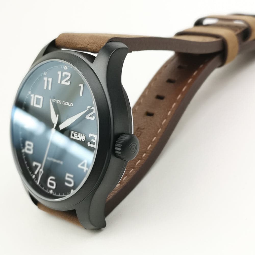 ARIES GOLD Automatic Men's Watch - Black Stainless Steel Case with Brown Leather Strap (Model G 9017 BK BK) - Luxury Dress Watch for Business, Formal Events & Everyday Wear