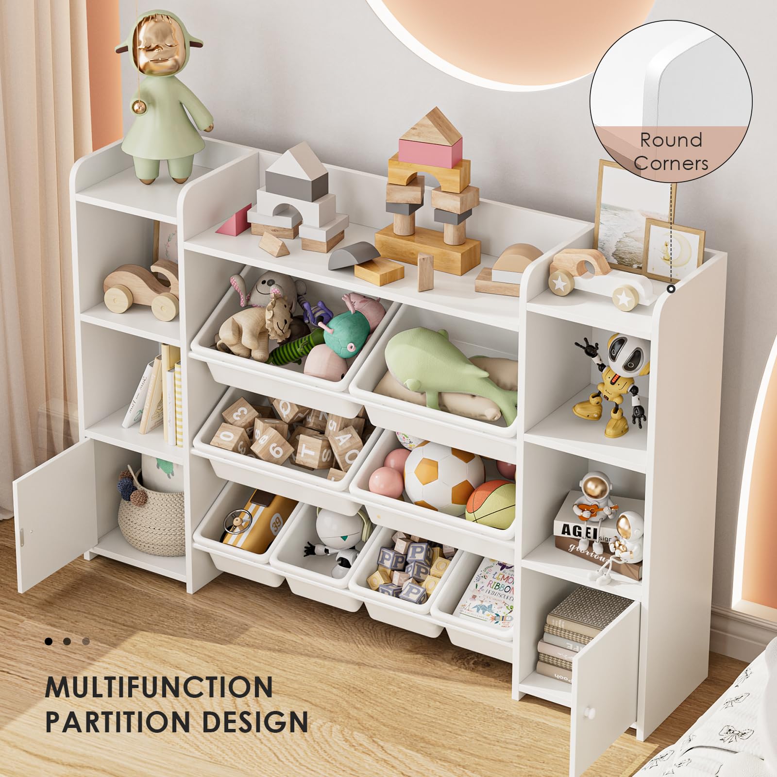 FOTOSOK 55-Inch Large Kids Toy Storage Organizer with 8 Bins & 6 Cubbies - Sturdy Bookshelf & Playroom Organization System for Toys, Books & Games - Perfect for Nursery, Daycare or Playroom (White)