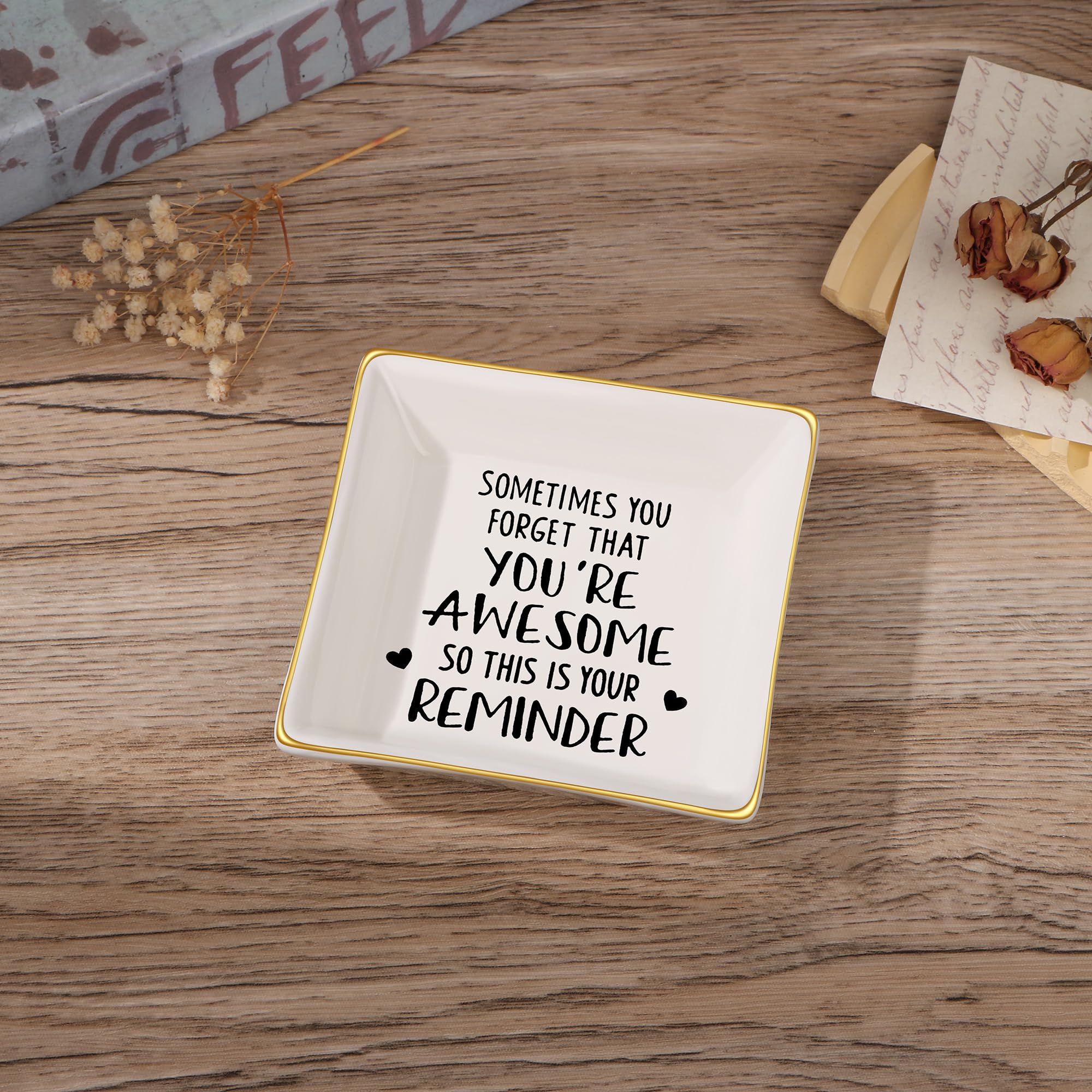 JoycuFF Inspirational Jewelry Dish for Women - White Ceramic Ring Holder, Modern Jewelry Organizer for Birthday & Christmas Gifts - Perfect for Vanity, Dresser & Nightstand Decor