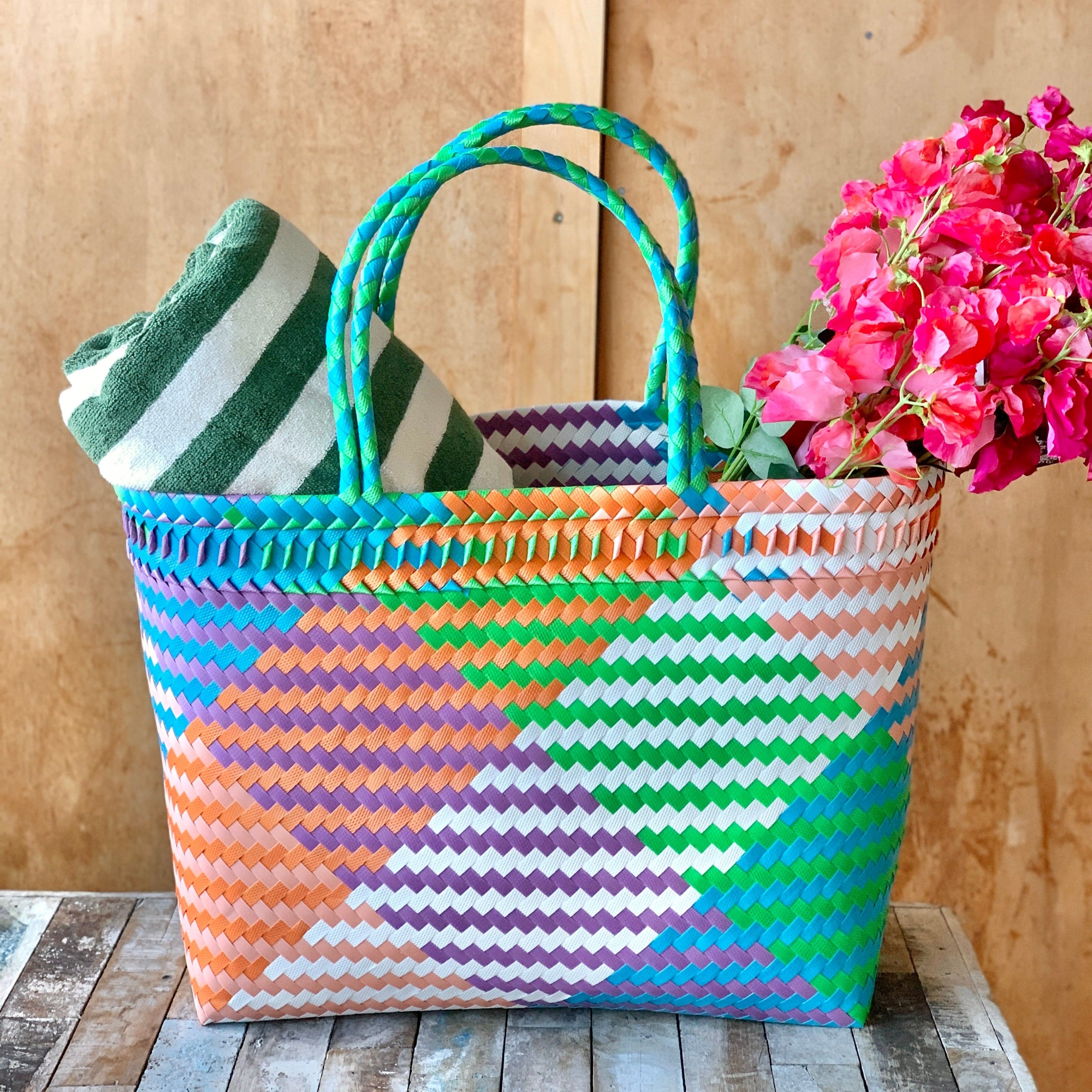 Eco-Friendly Woven Madras Shopper Bag - Reusable Cotton Tote for Grocery Shopping, Beach & Travel - Stylish & Durable Carryall for Women & Men