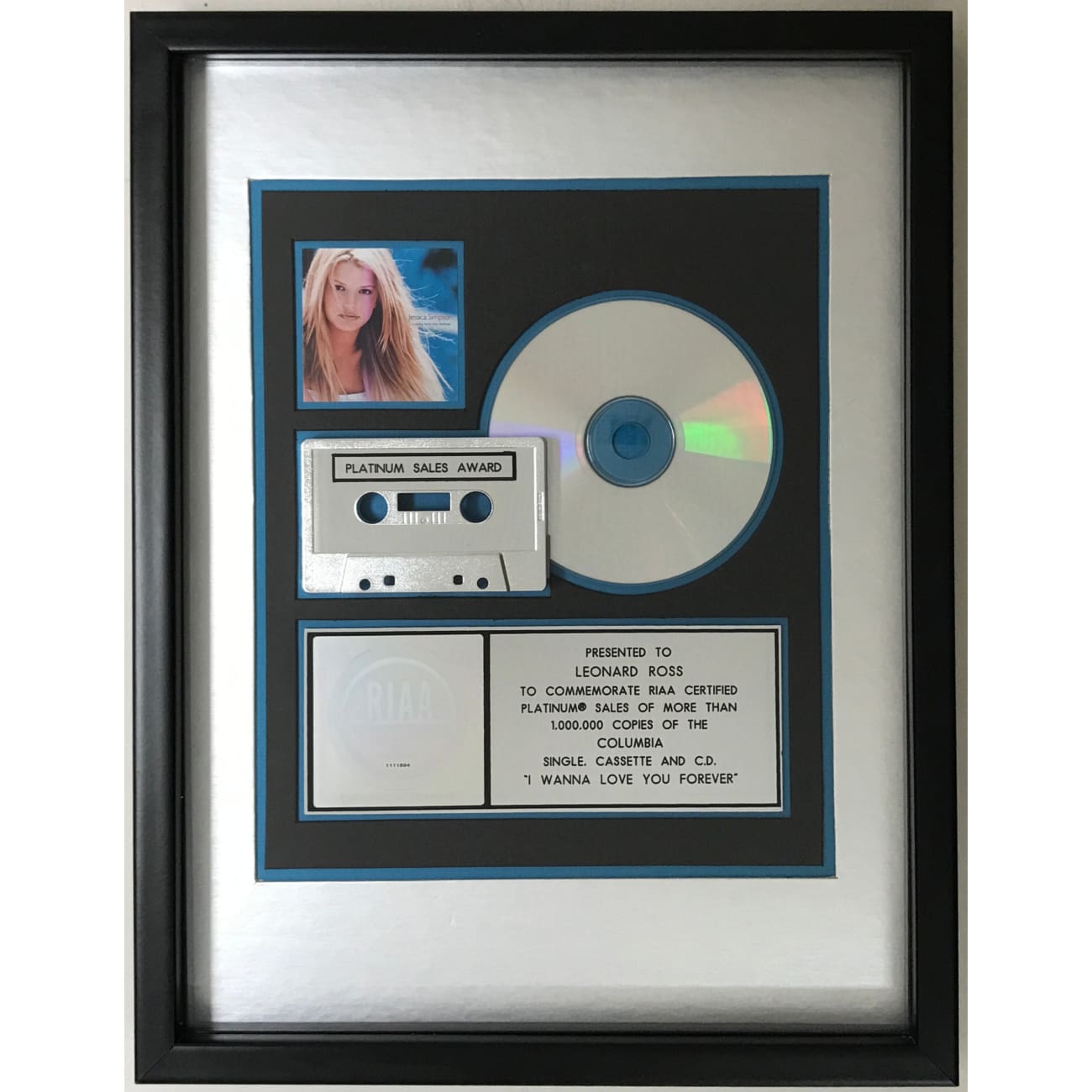 Jessica Simpson 'I Wanna Love You Forever' RIAA Platinum Single Award - Perfect for Music Collectors & Fan Memorabilia Displays