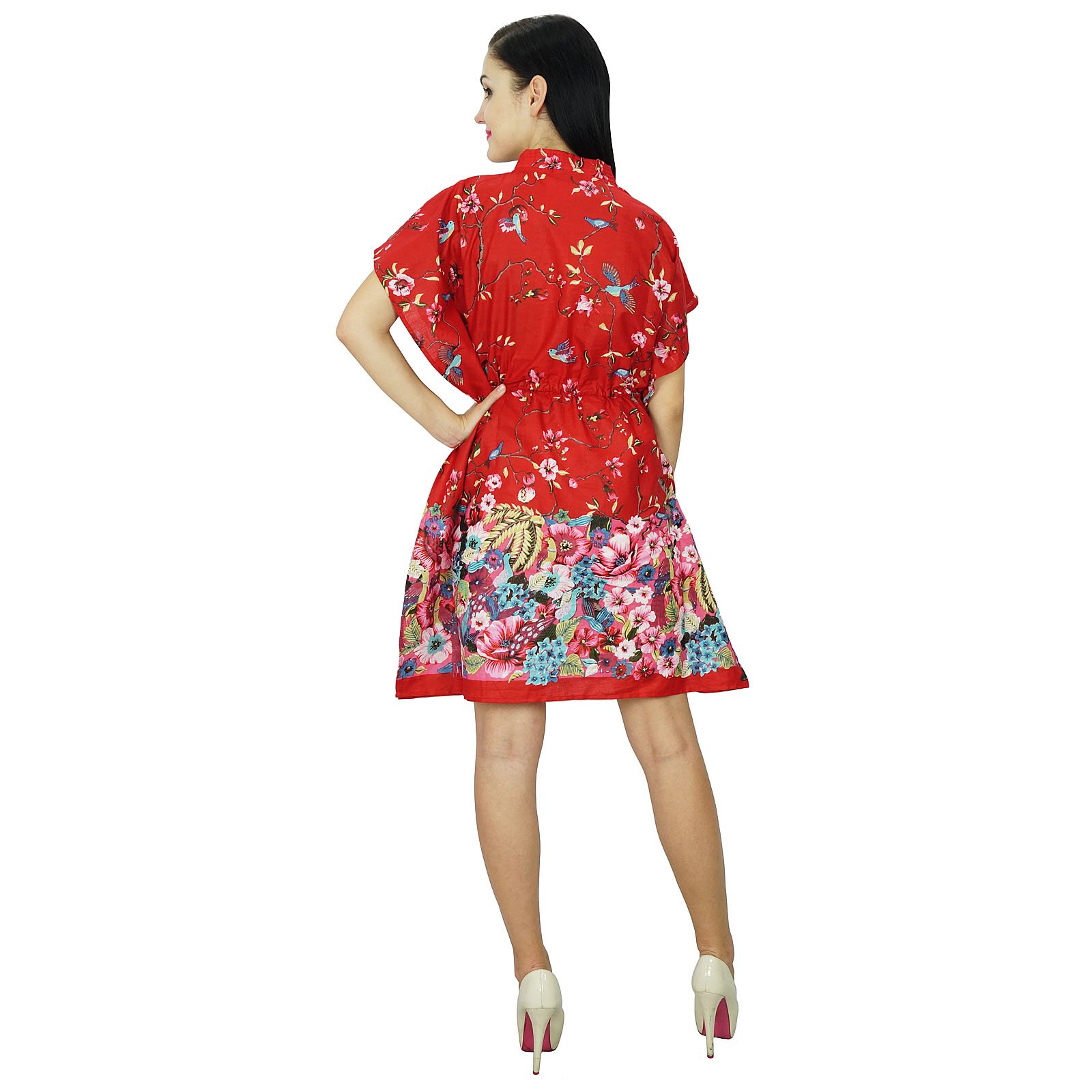 Bimba Women's Floral Kaftan Dress - Cotton Beach Cover Up Short Caftan for Summer Vacation, Pool Party & Boho Outfit