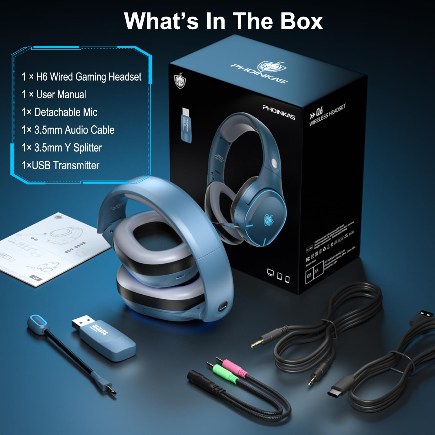 PHOINIKAS 2.4GHz Wireless Gaming Headset for PS5, PS4, PC - Bluetooth 5.3 Headphones with Noise Cancelling Mic, 7.1 Surround Sound, 30+ Hour Battery Life - Compatible with Nintendo Switch, Laptop, Mac (Blue) | Perfect for Competitive Gaming, Streaming & Online Meetings