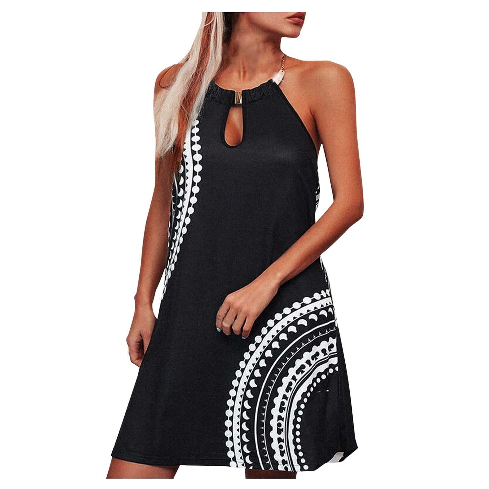 ETHKIA Women's Summer Casual Strapless Printed Dress with Metal Hanging Neck - Perfect for Beach Vacations, Date Nights & Summer Parties