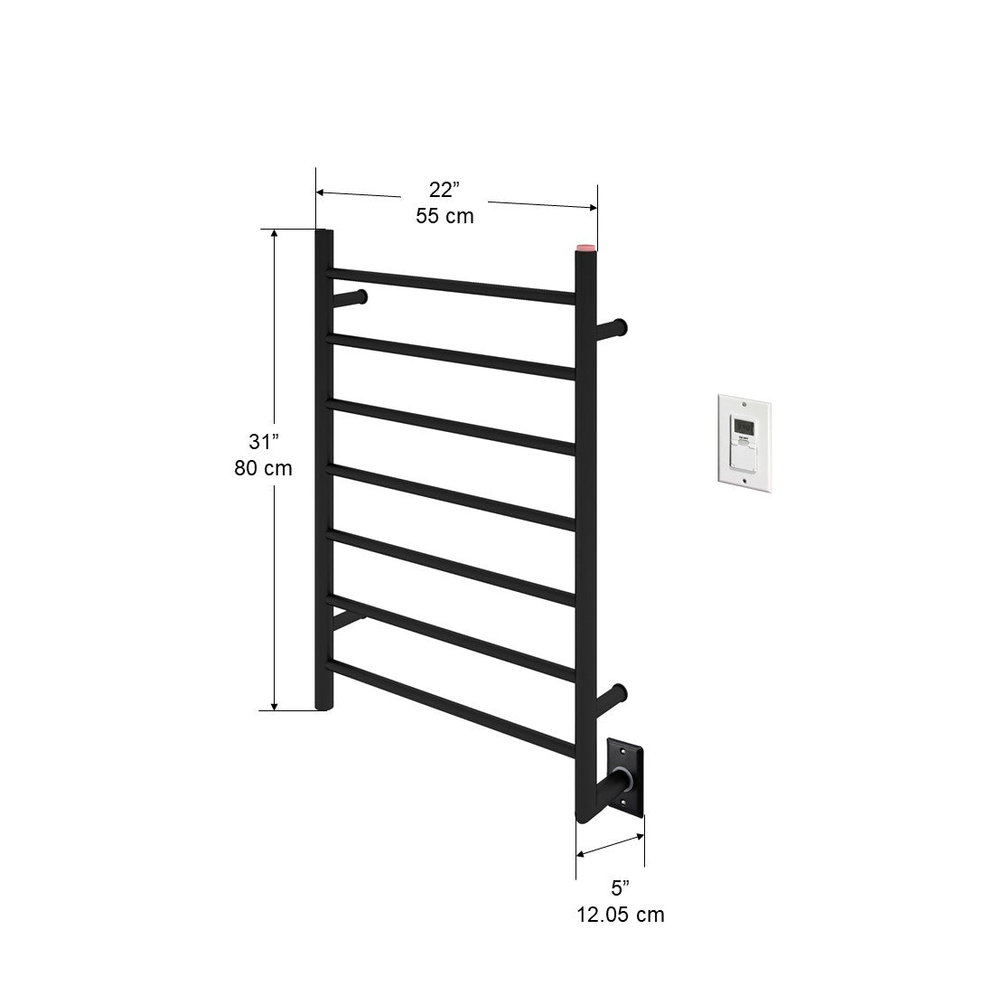 Matte Black Hardwired 7-Bar Towel Warmer with Wall Timer - Bathroom Luxury for Spa-Like Comfort at Home