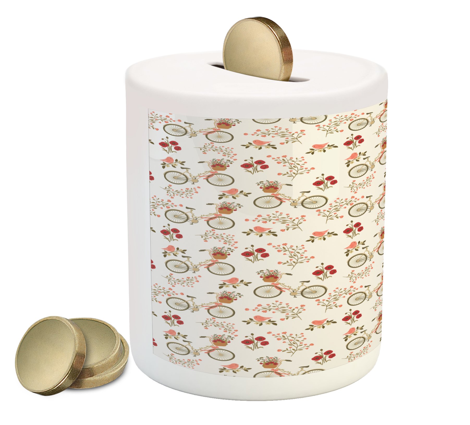 Ambesonne Floral Piggy Bank - Vintage Ceramic Money Box with Poppy Flowers & Love Birds Design for Cash Savings | Perfect Gift for Spring, Weddings & Home Decor