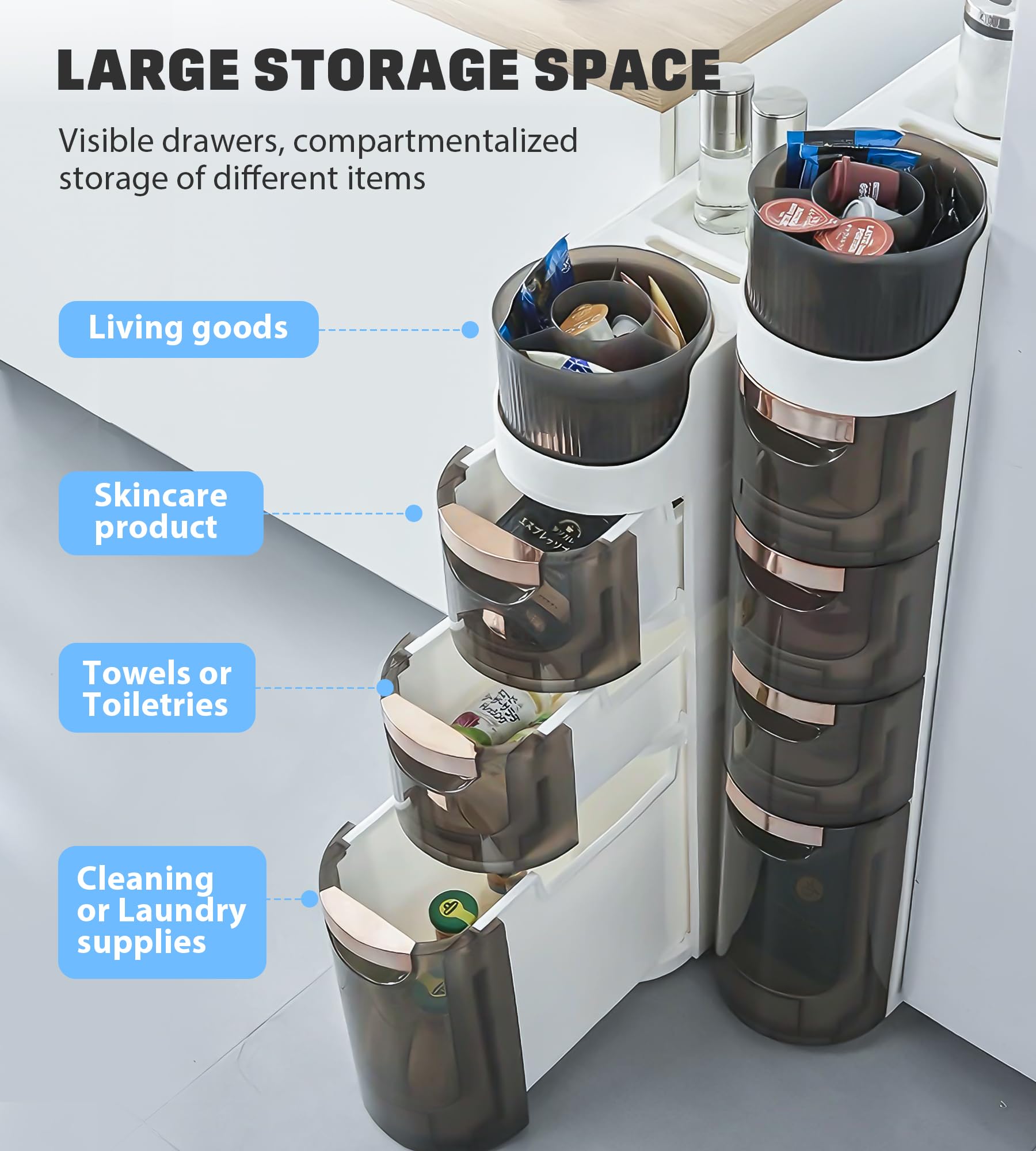 4-Tier Slim Bathroom Storage Cabinet - Waterproof Narrow Floor Organizer with Wheels & Tissue Box Holder, Skinny Storage Cabinet with Drawers for Small Spaces - Perfect for Bathroom, Kitchen, Bedroom (6.7