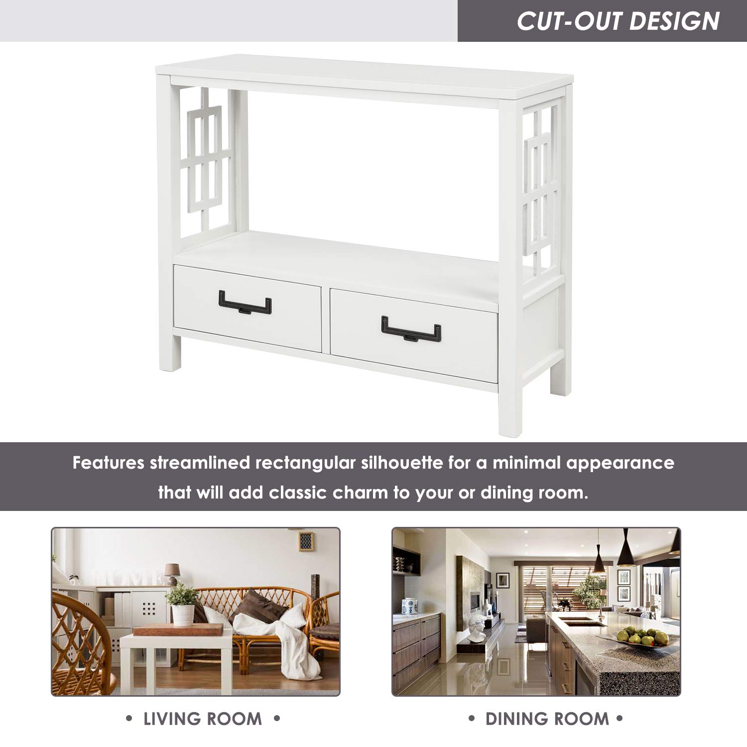 Rustic Pine Wood Console Table with 2 Drawers & Storage Shelf - Farmhouse Narrow Sofa Table for Entryway, Living Room, Bedroom or Hallway - Perfect for Small Space Organization & Home Decor (White Finish)