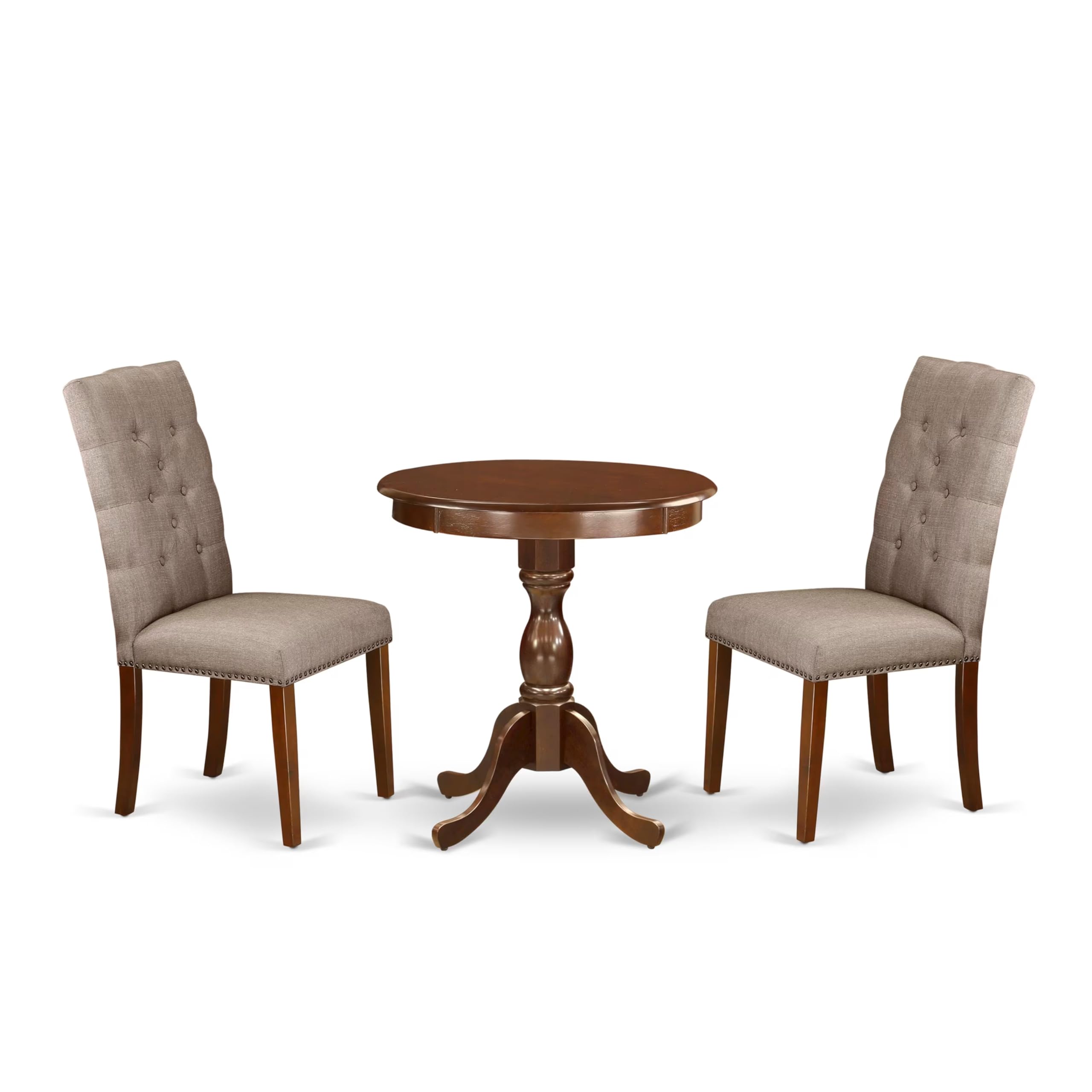 East West Furniture ESEL3-MAH-16 3-Piece Small Space Dining Set - Round Pedestal Table & 2 Dark Khaki Linen Chairs, 30x30 Inch, Mahogany - Perfect for Apartments, Breakfast Nooks & Cozy Kitchens