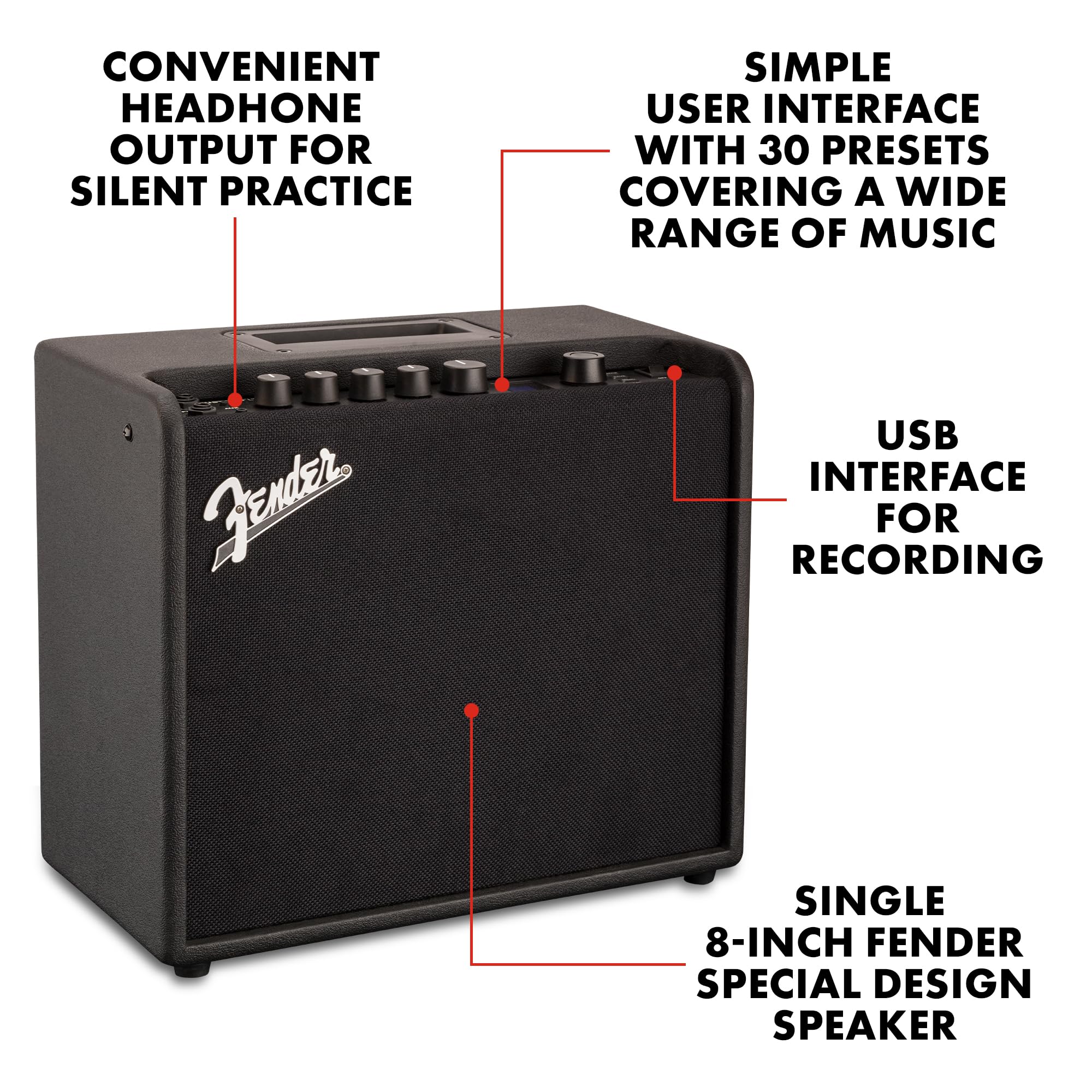 Fender Mustang LT-25 Digital Guitar Amplifier - 25W Electric Guitar Amp with Built-in Effects, Headphone Jack & USB Connectivity - Perfect for Home Practice, Studio Recording & Live Performances