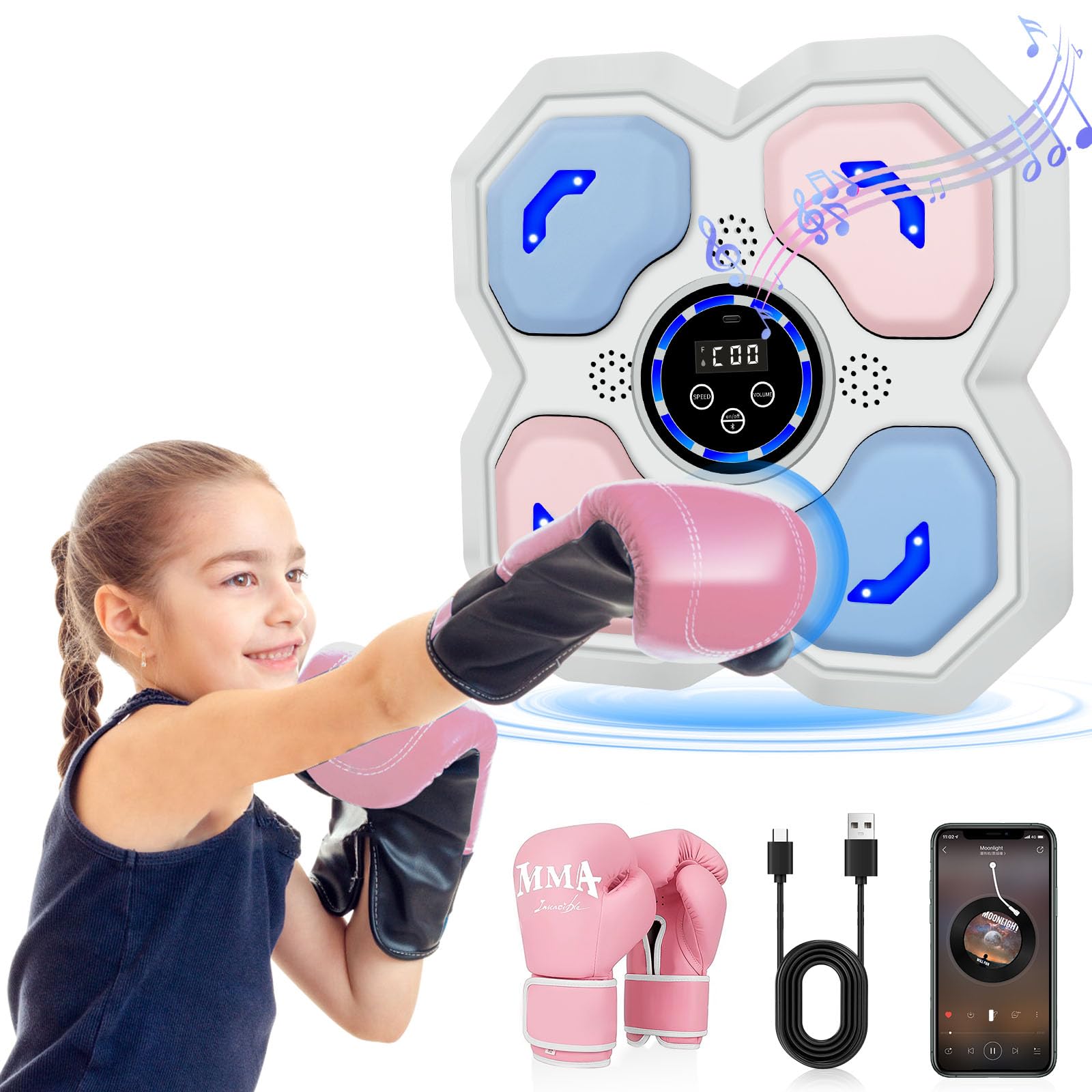 Music Boxing Machine for Kids, Teens & Adults - Wall-Mounted Boxing Trainer with Gloves | LED Electronic Focus Training Equipment for Home, Office & Gym | Perfect for Fitness, Stress Relief & Coordination Training