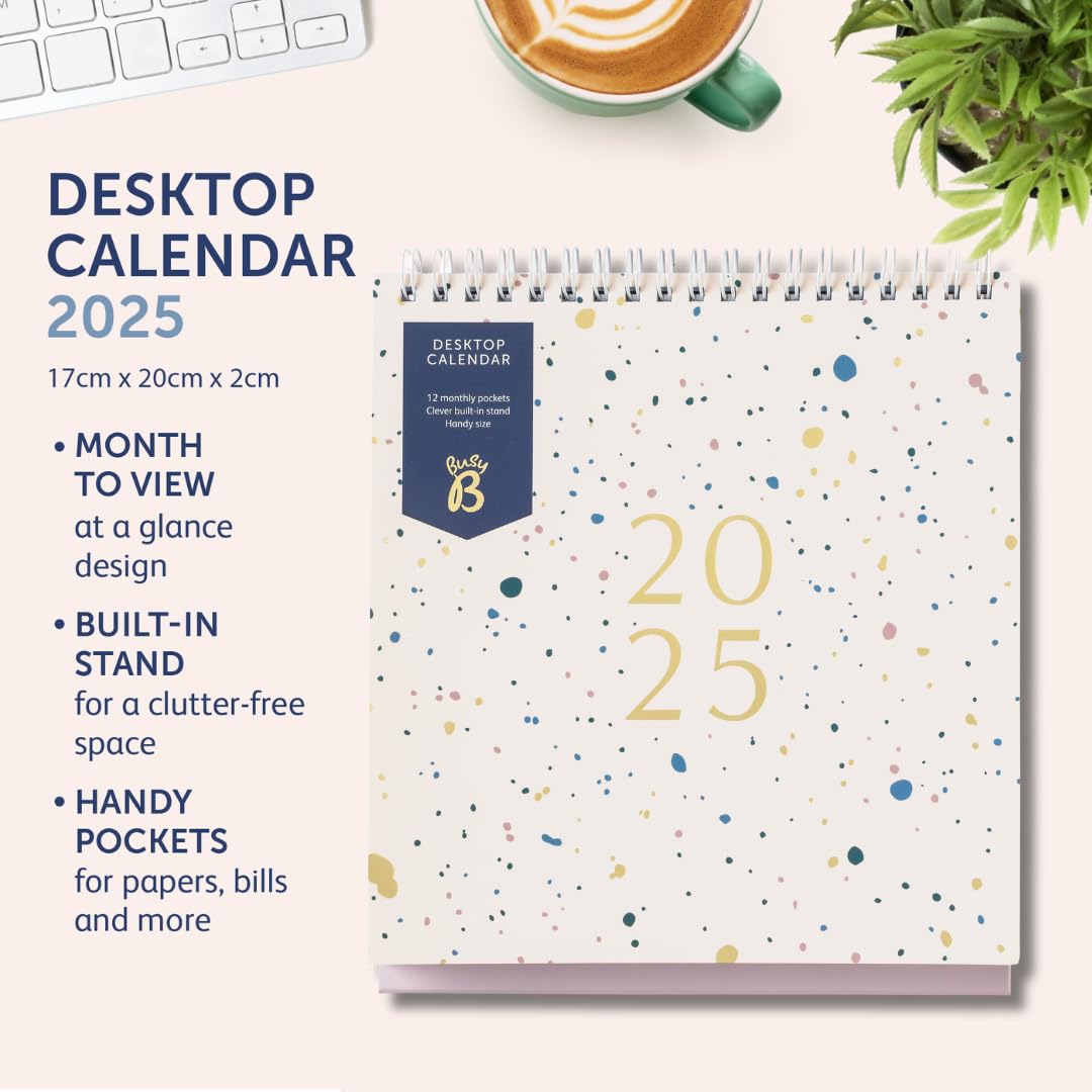 Busy B 2025 Desk Calendar - January to December Monthly Planner with Built-in Stand, Flip-Top Binding & Storage Pockets | A5 Pink Spray Design Office & Home Planner | Perfect for Work Schedules, Bill Tracking & Gift Giving