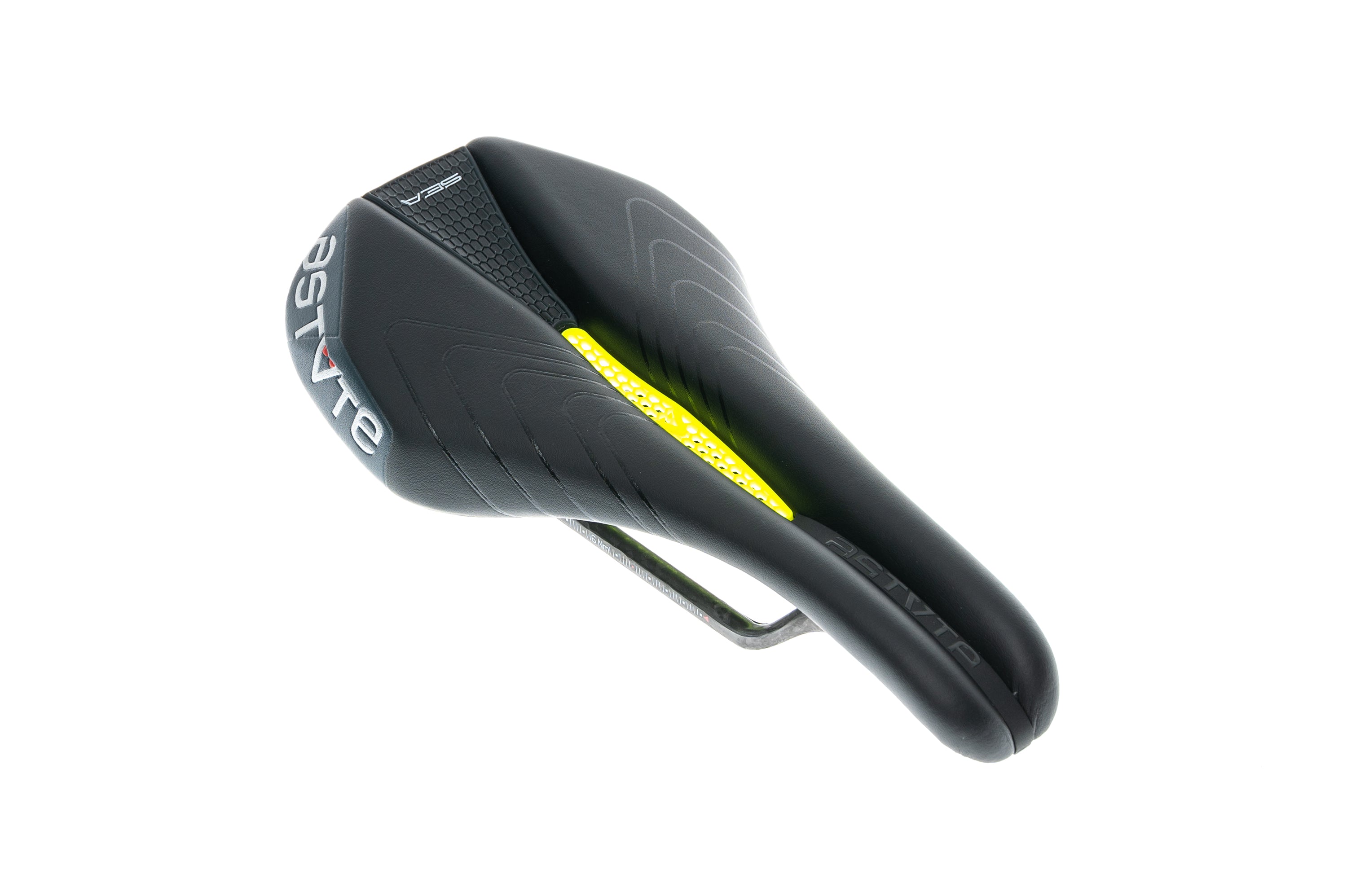 Astute SeaLite VT Saddle 138mm with Carbon Rails - Lightweight Cycling Seat for Road & Mountain Bikes - Black/Yellow Design for Comfort & Performance