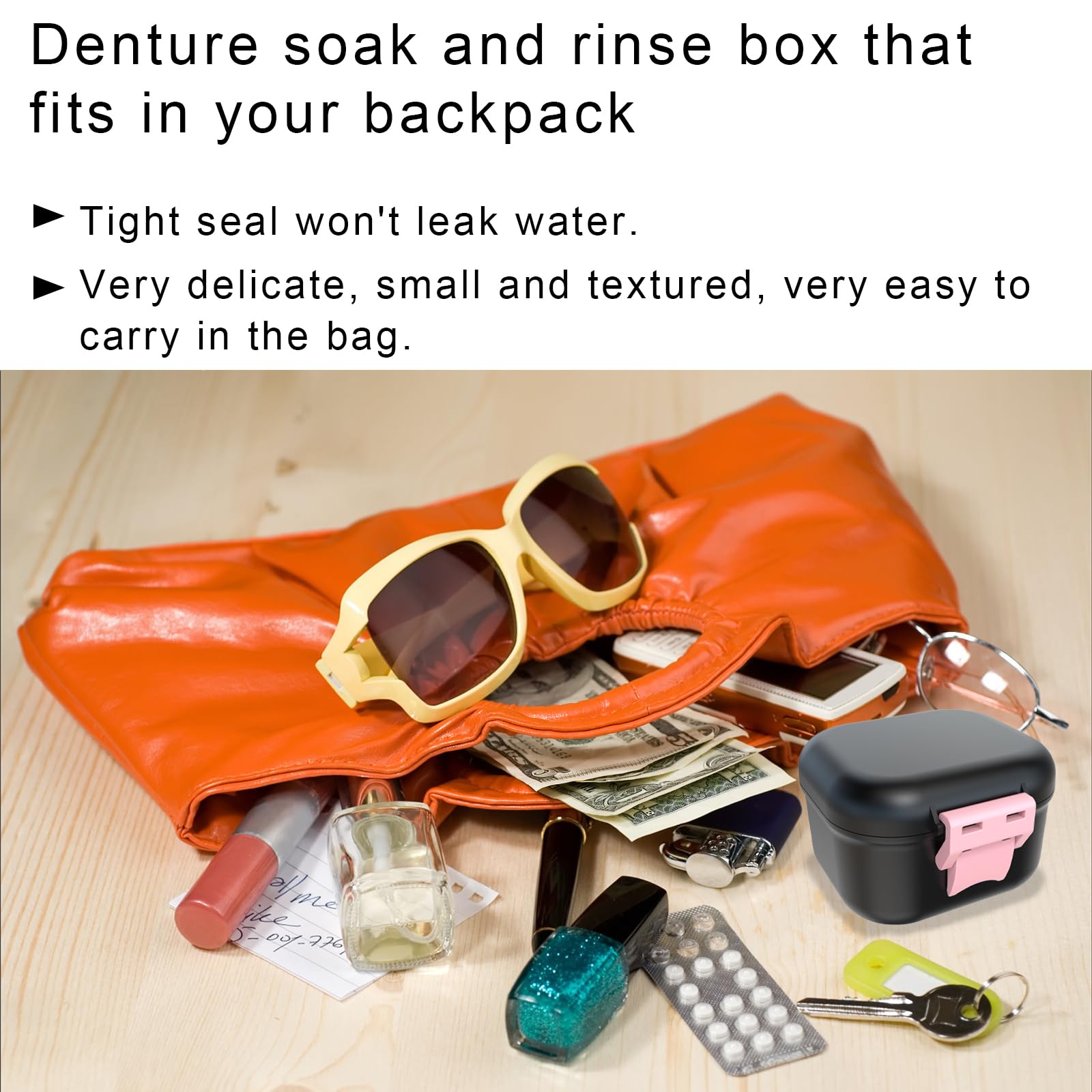 BVN Leak-Proof Denture Storage Case - Denture Soaking Cup & Retainer Cleaning Holder (Black/Pink) - Perfect for Travel, Nighttime Soaking & Denture Care at Home